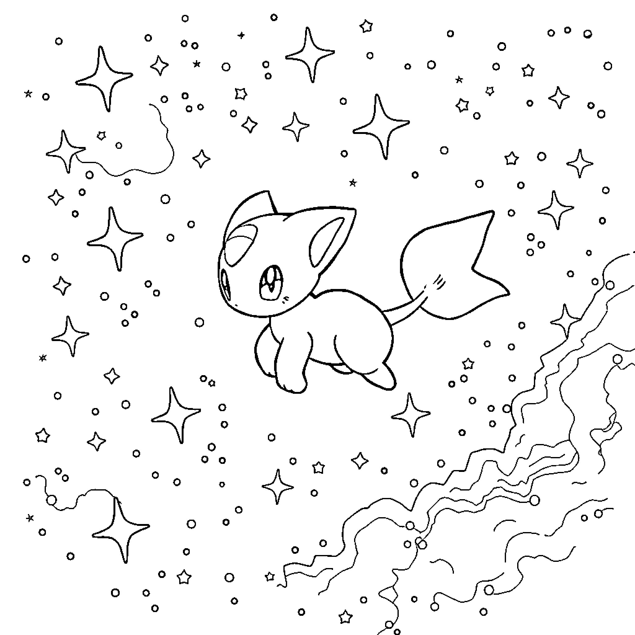 Mew playing among the stars Coloring Page (free black-and-white line drawing printable PDF for all, from beginners to advanced learners, including children, teens, adults, and seniors)