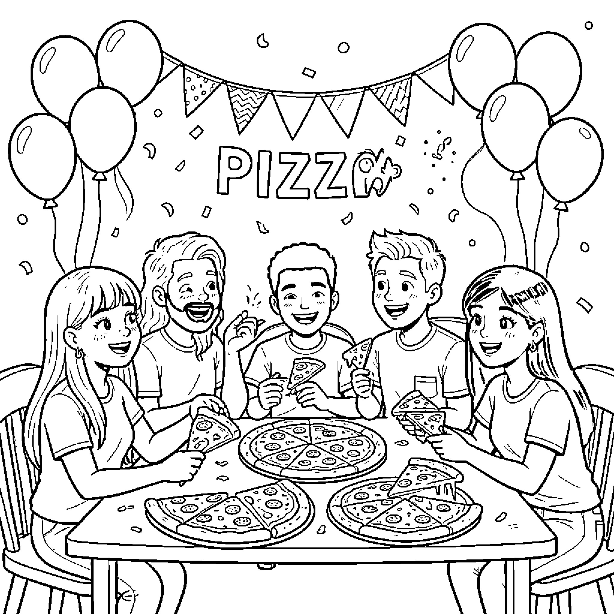 Pizza party with friends and balloons Coloring Page (free black-and-white line drawing printable PDF for all, from beginners to advanced learners, including children, teens, adults, and seniors)