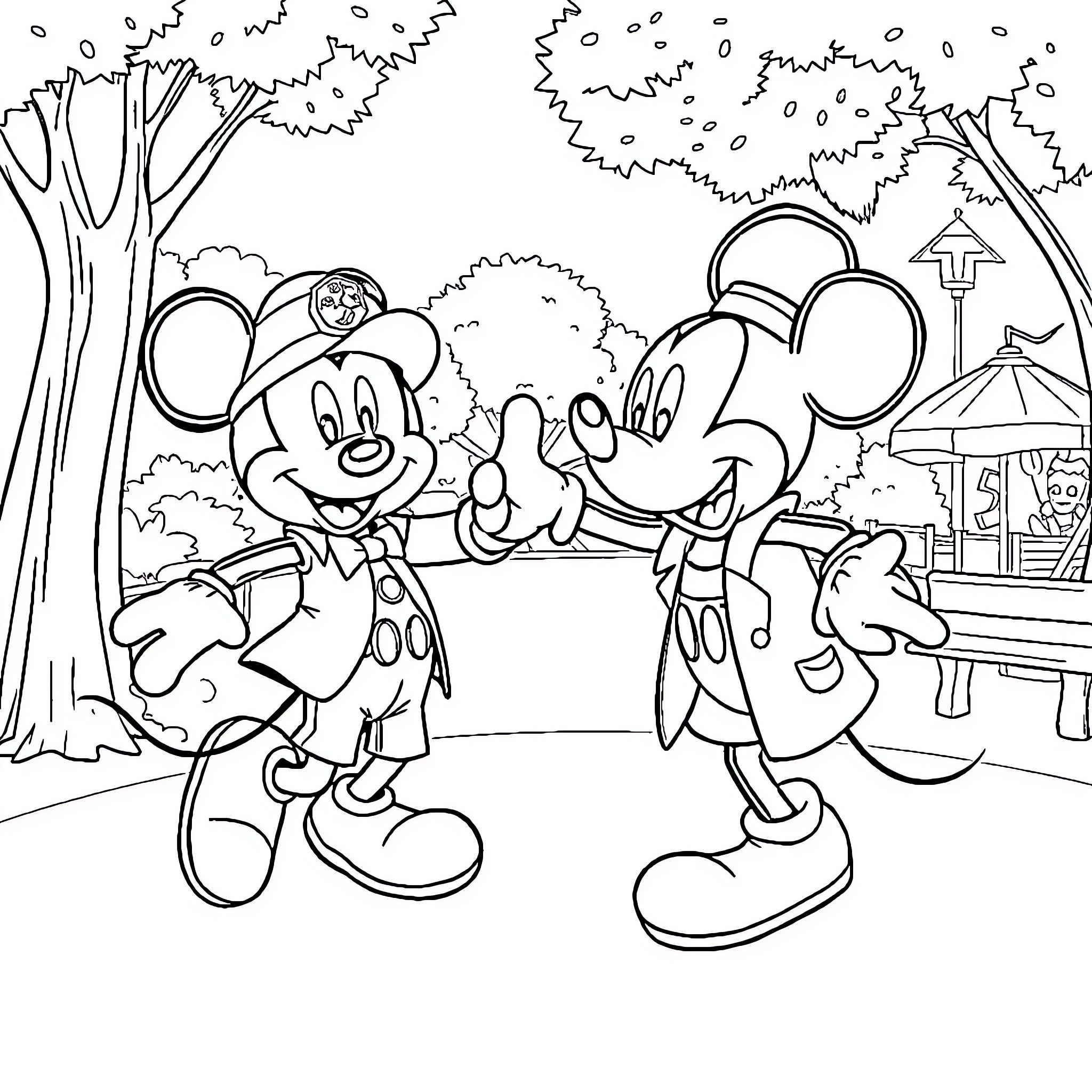 Mickey Mouse and Friends Enjoying Outdoor Fun Coloring Page (free black-and-white line drawing printable PDF for all, from beginners to advanced learners, including children, teens, adults, and seniors)