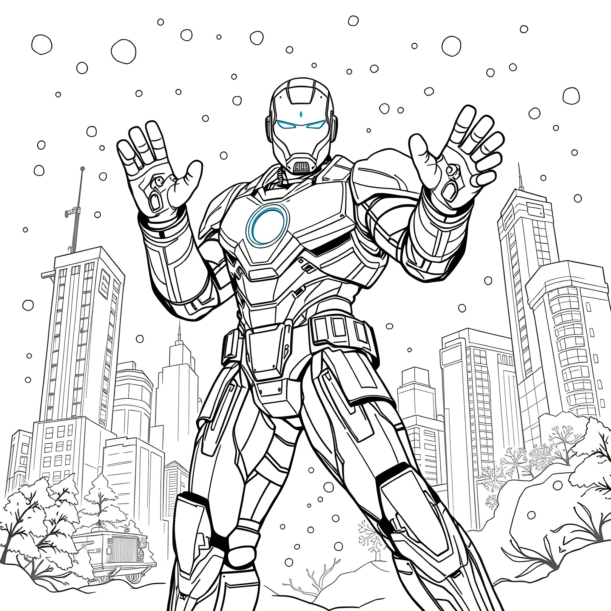 Iron Freeze in a Winter Wonderland Coloring Page (free black-and-white line drawing printable PDF for all, from beginners to advanced learners, including children, teens, adults, and seniors)