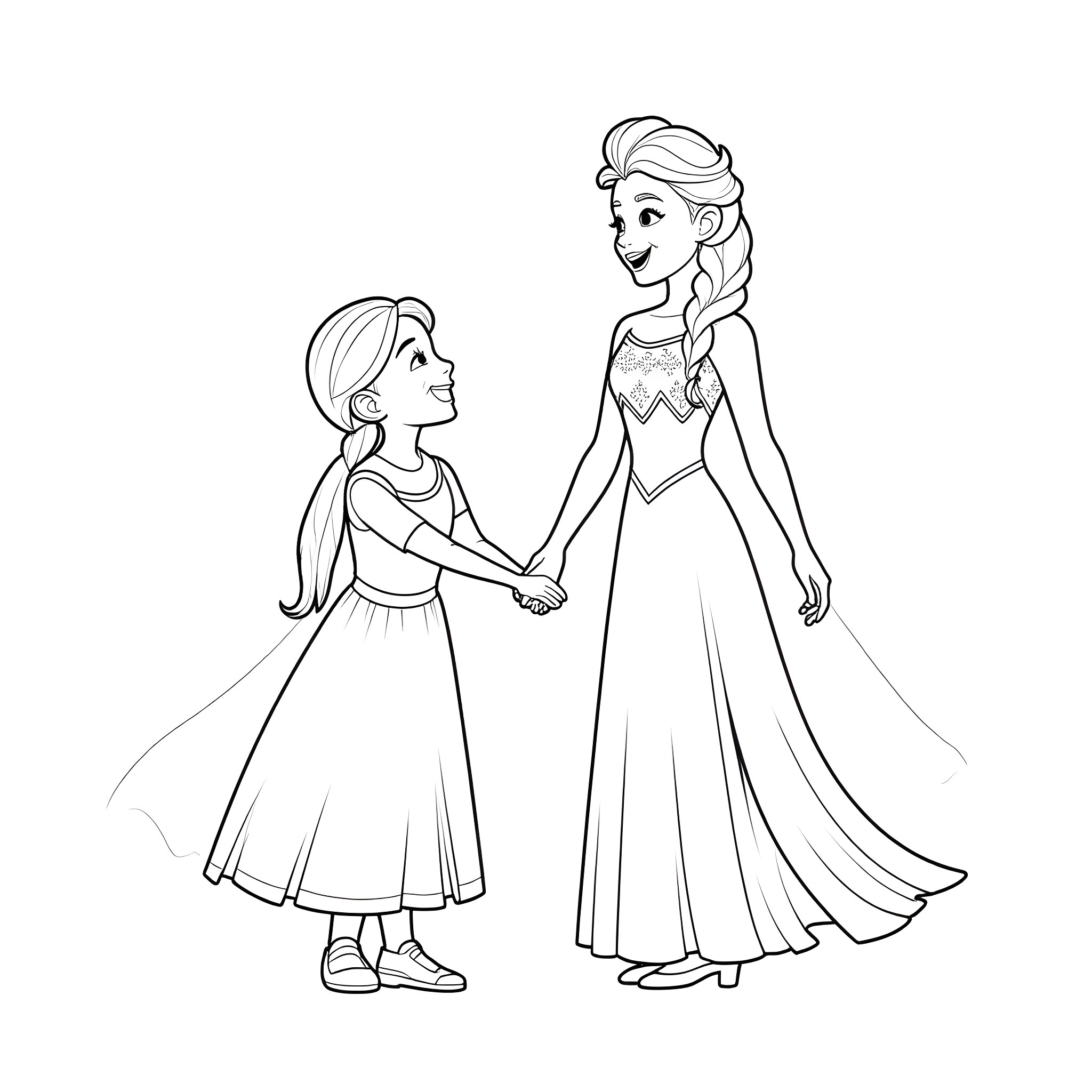Girl and Princess holding hands Coloring Page (free black-and-white line drawing printable PDF for all, from beginners to advanced learners, including children, teens, adults, and seniors)