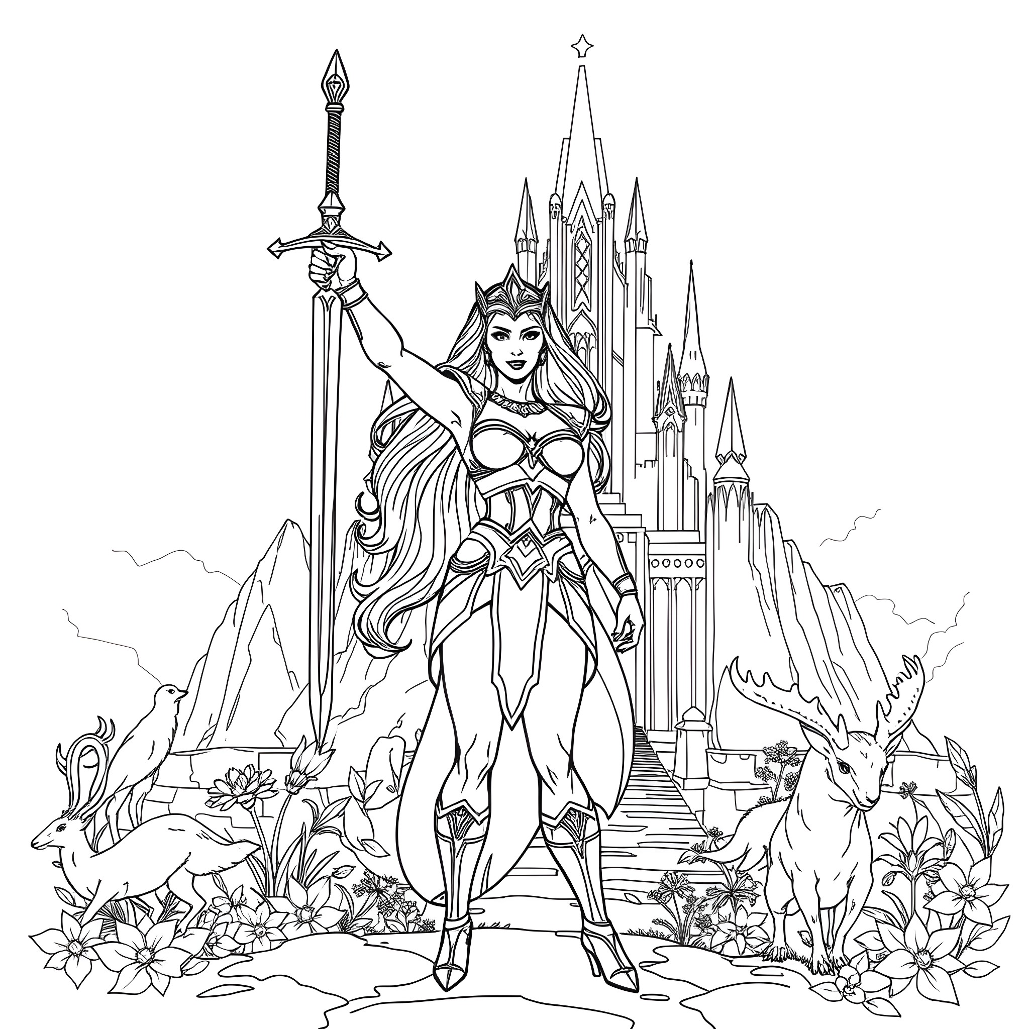 She-Ra standing tall in a fantasy landscape Coloring Page (free black-and-white line drawing printable PDF for all, from beginners to advanced learners, including children, teens, adults, and seniors)