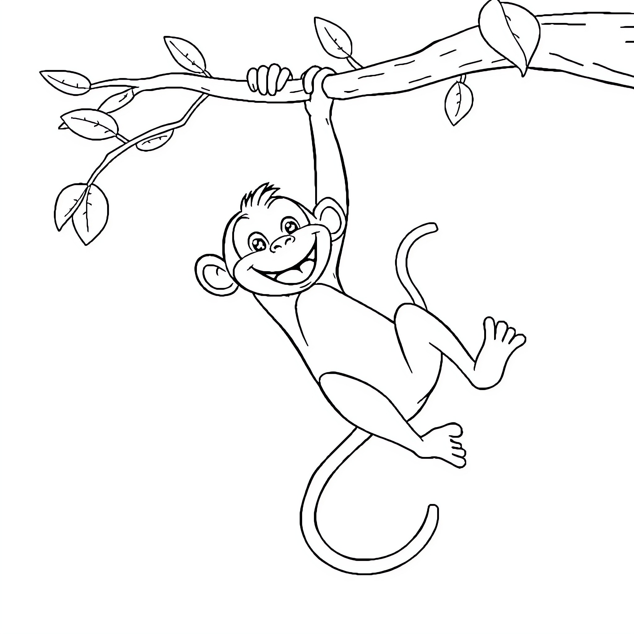 Monkey happily swinging on tree branch Coloring Page (free black-and-white line drawing printable PDF for all, from beginners to advanced learners, including children, teens, adults, and seniors)