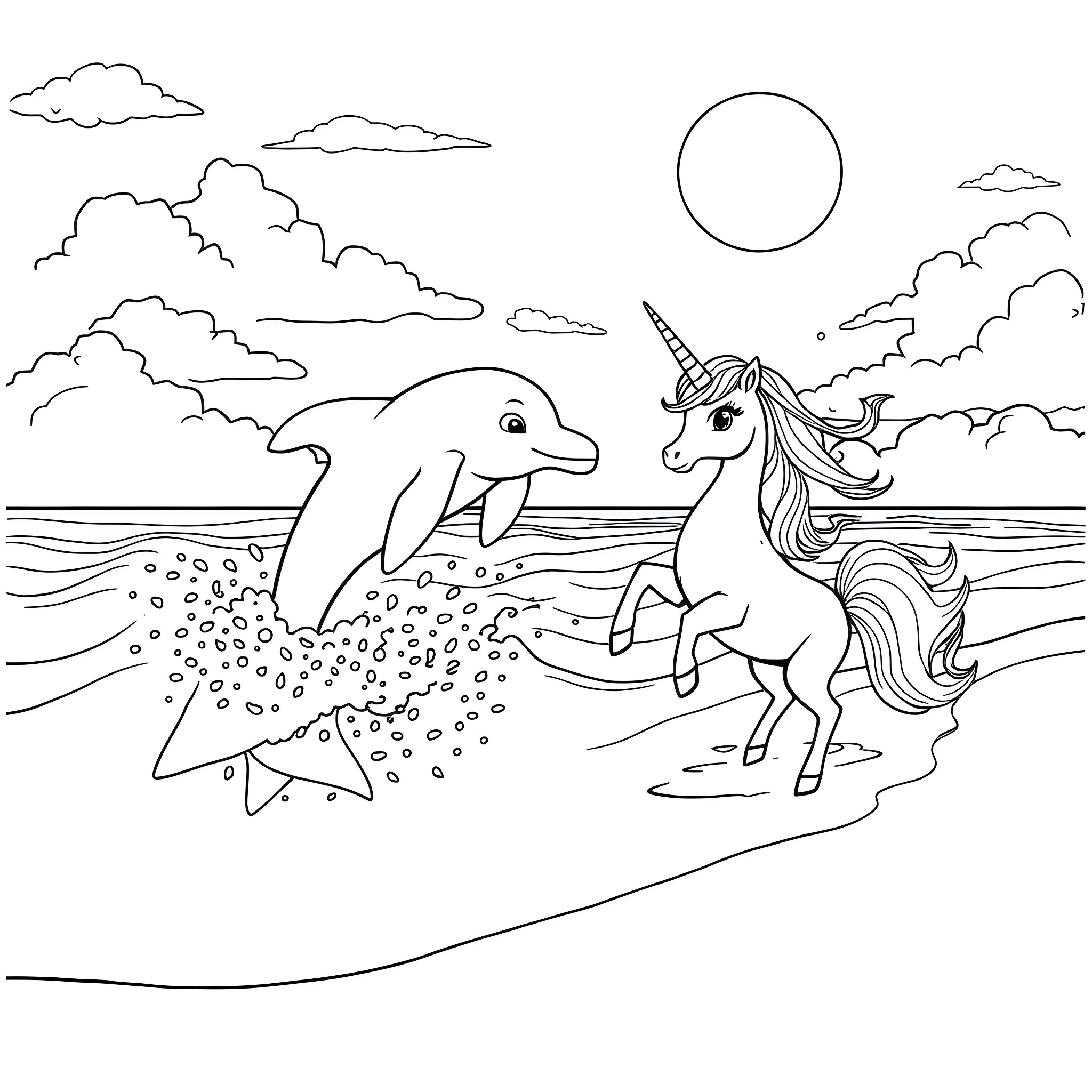 Dolphin playing with a unicorn by the ocean Coloring Page (free black-and-white line drawing printable PDF for all, from beginners to advanced learners, including children, teens, adults, and seniors)