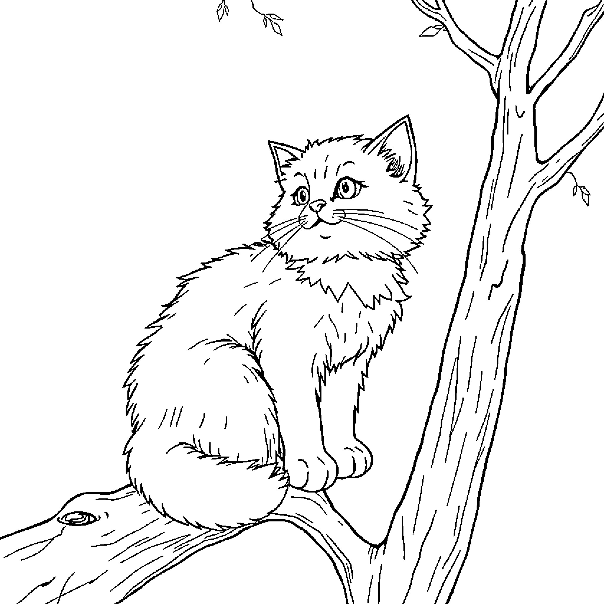 Cat sitting calmly on tree branch Coloring Page (free black-and-white line drawing printable PDF for all, from beginners to advanced learners, including children, teens, adults, and seniors)