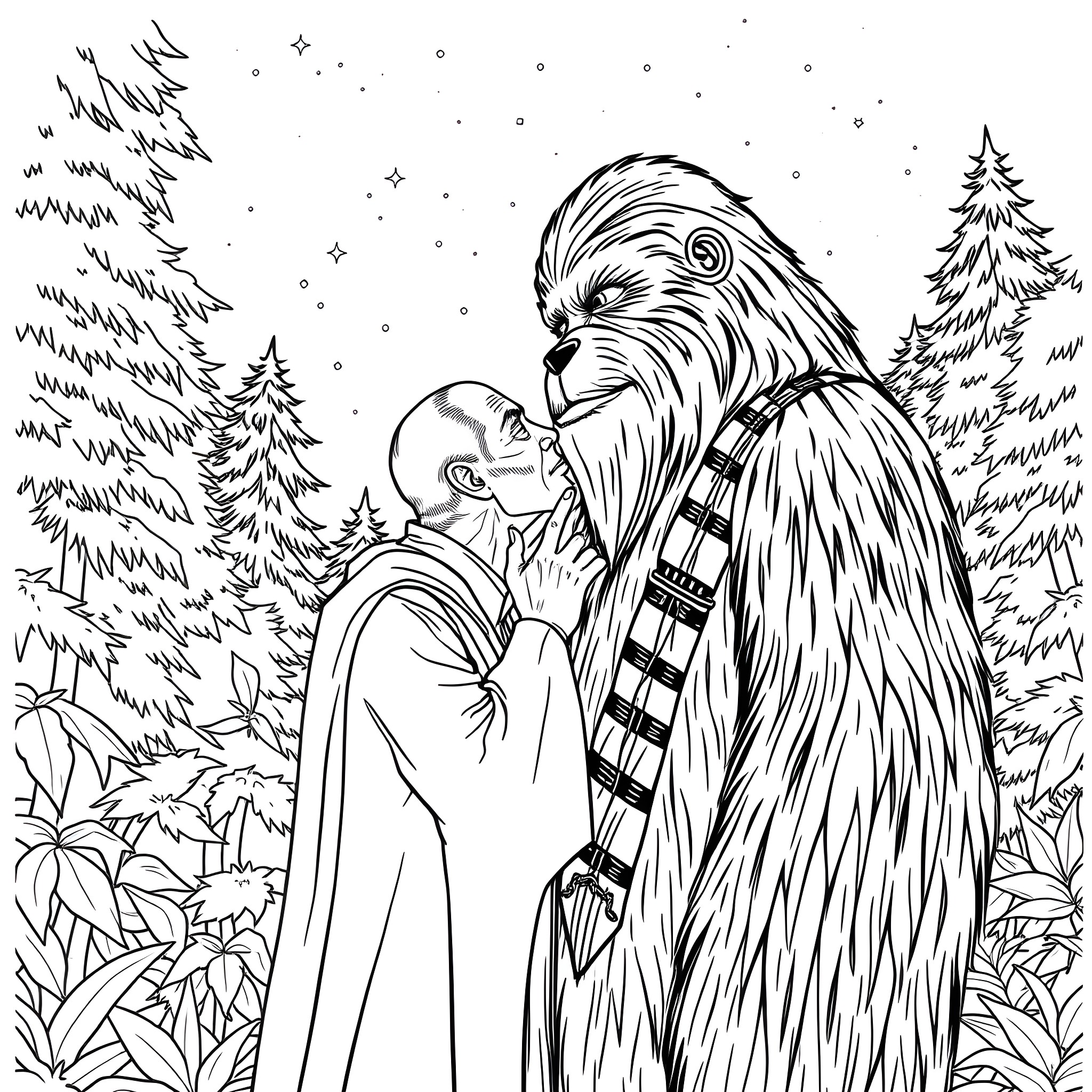 Count Dooku and Anakin Skywalker in a Snowy Forest Coloring Page (free black-and-white line drawing printable PDF for all, from beginners to advanced learners, including children, teens, adults, and seniors)