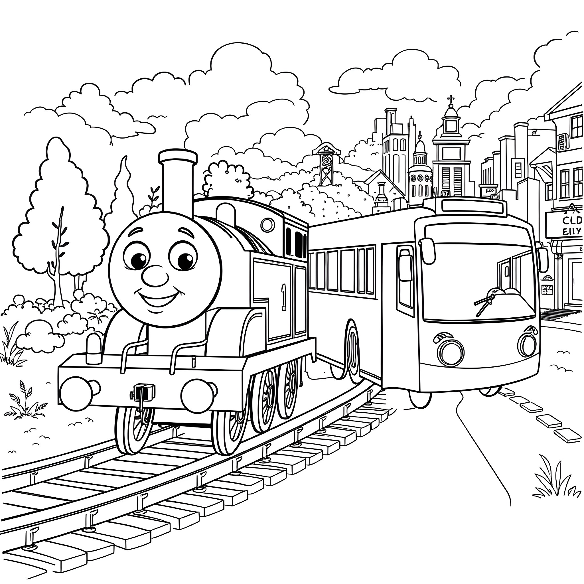 Thomas the Train Exploring the City Landscape Coloring Page (free black-and-white line drawing printable PDF for all, from beginners to advanced learners, including children, teens, adults, and seniors)
