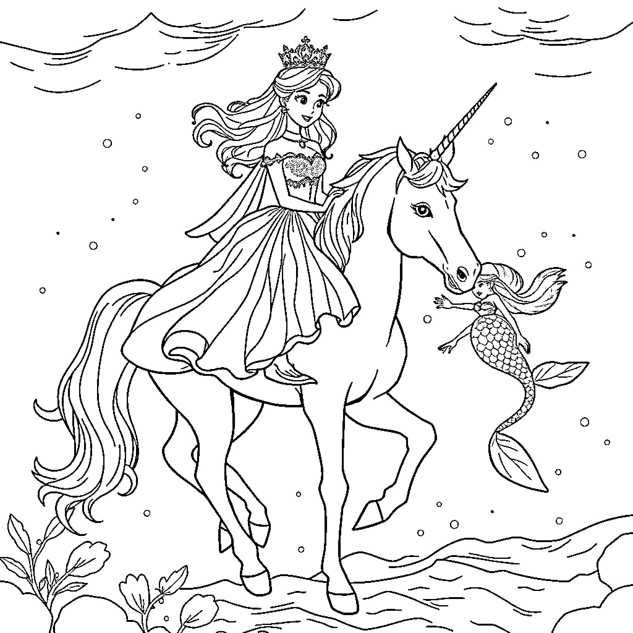 Princess riding a unicorn through the waves Coloring Page (free black-and-white line drawing printable PDF for all, from beginners to advanced learners, including children, teens, adults, and seniors)
