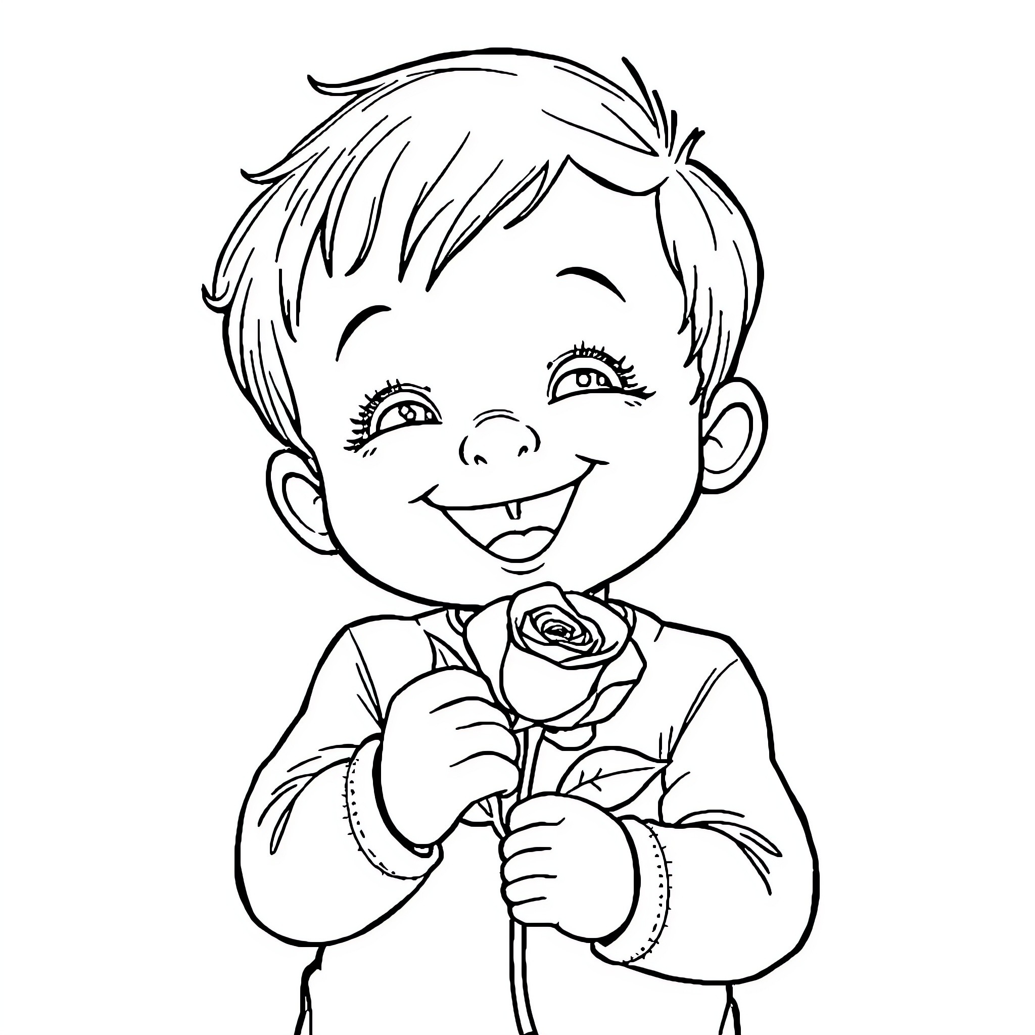 Child happily holding a rose Coloring Page (free black-and-white line drawing printable PDF for all, from beginners to advanced learners, including children, teens, adults, and seniors)