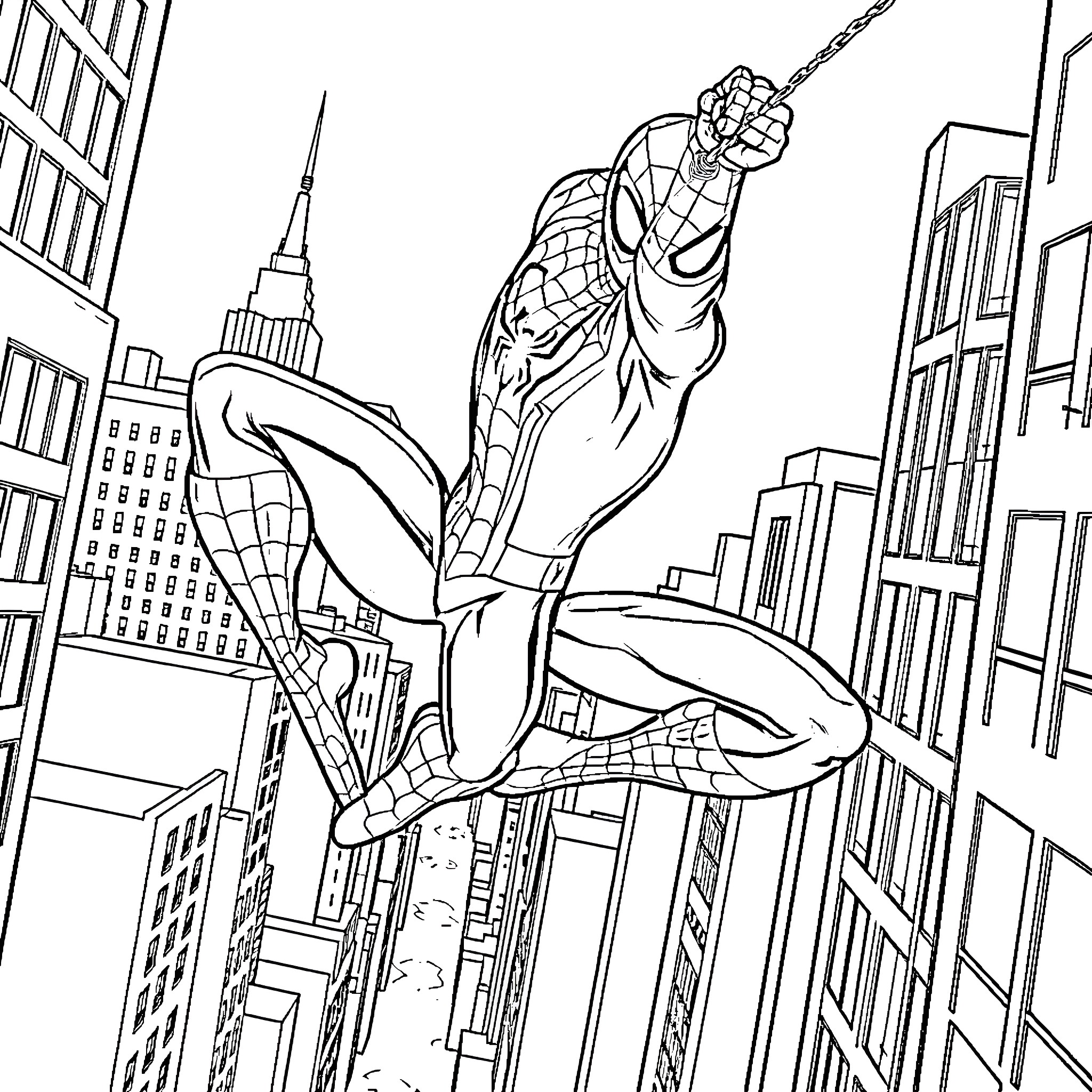 Spider-Man swinging through the city skyline Coloring Page (free black-and-white line drawing printable PDF for all, from beginners to advanced learners, including children, teens, adults, and seniors)