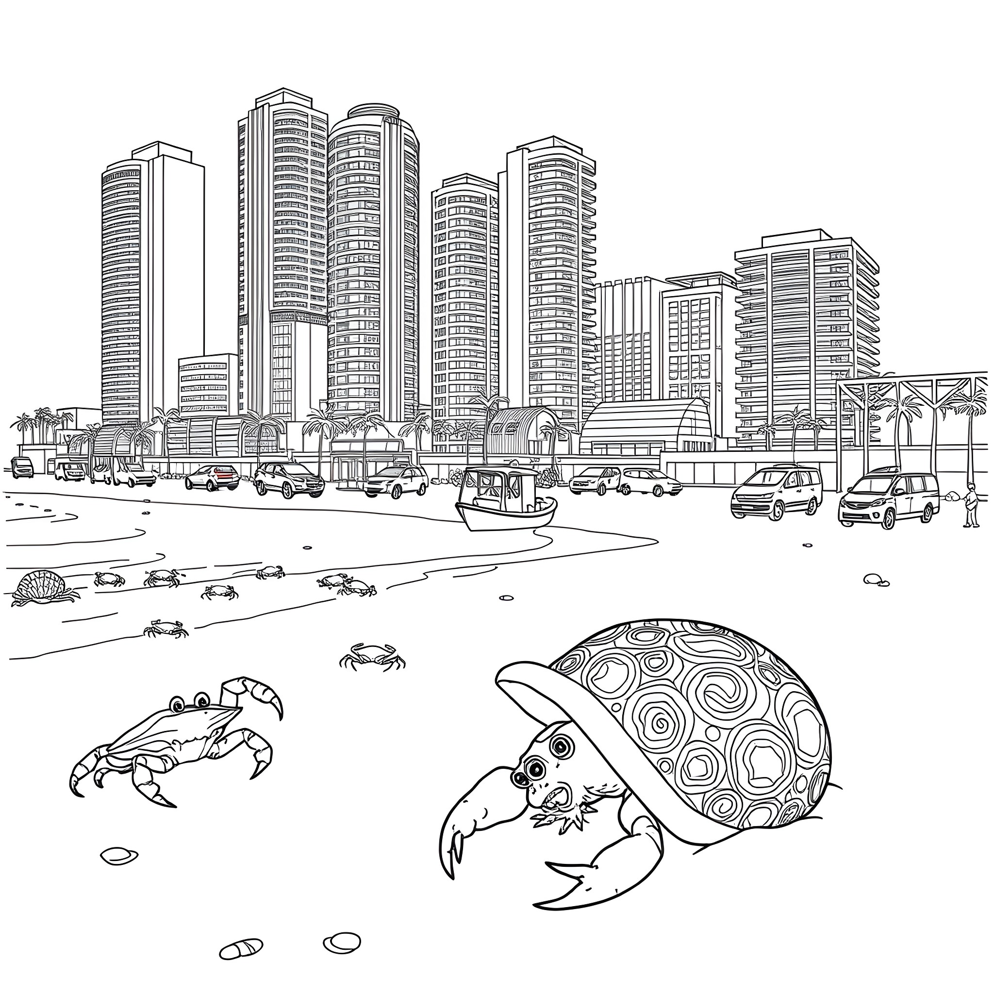 Beach scene with modern city skyline and sea creatures Coloring Page (free black-and-white line drawing printable PDF for all, from beginners to advanced learners, including children, teens, adults, and seniors)