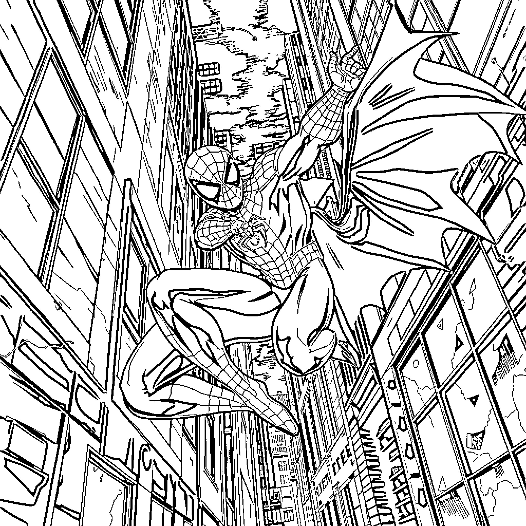 Spiderman swinging through a city skyline Coloring Page (free black-and-white line drawing printable PDF for all, from beginners to advanced learners, including children, teens, adults, and seniors)