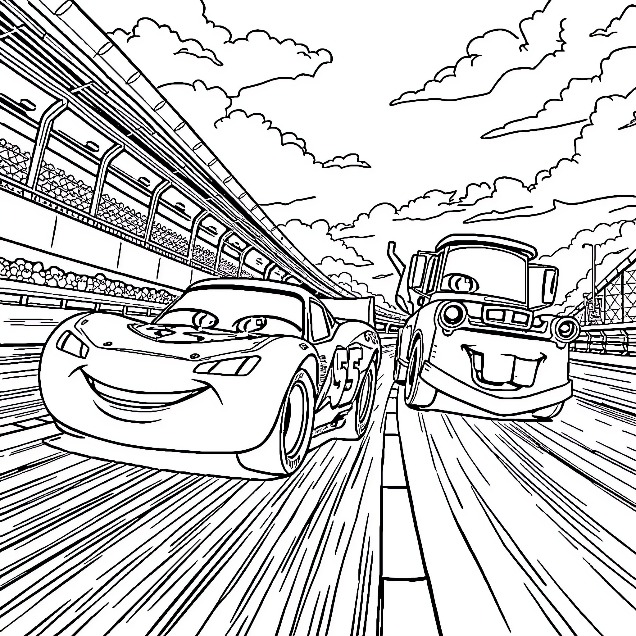 Lightning McQueen racing with Mater on the track Coloring Page (free black-and-white line drawing printable PDF for all, from beginners to advanced learners, including children, teens, adults, and seniors)