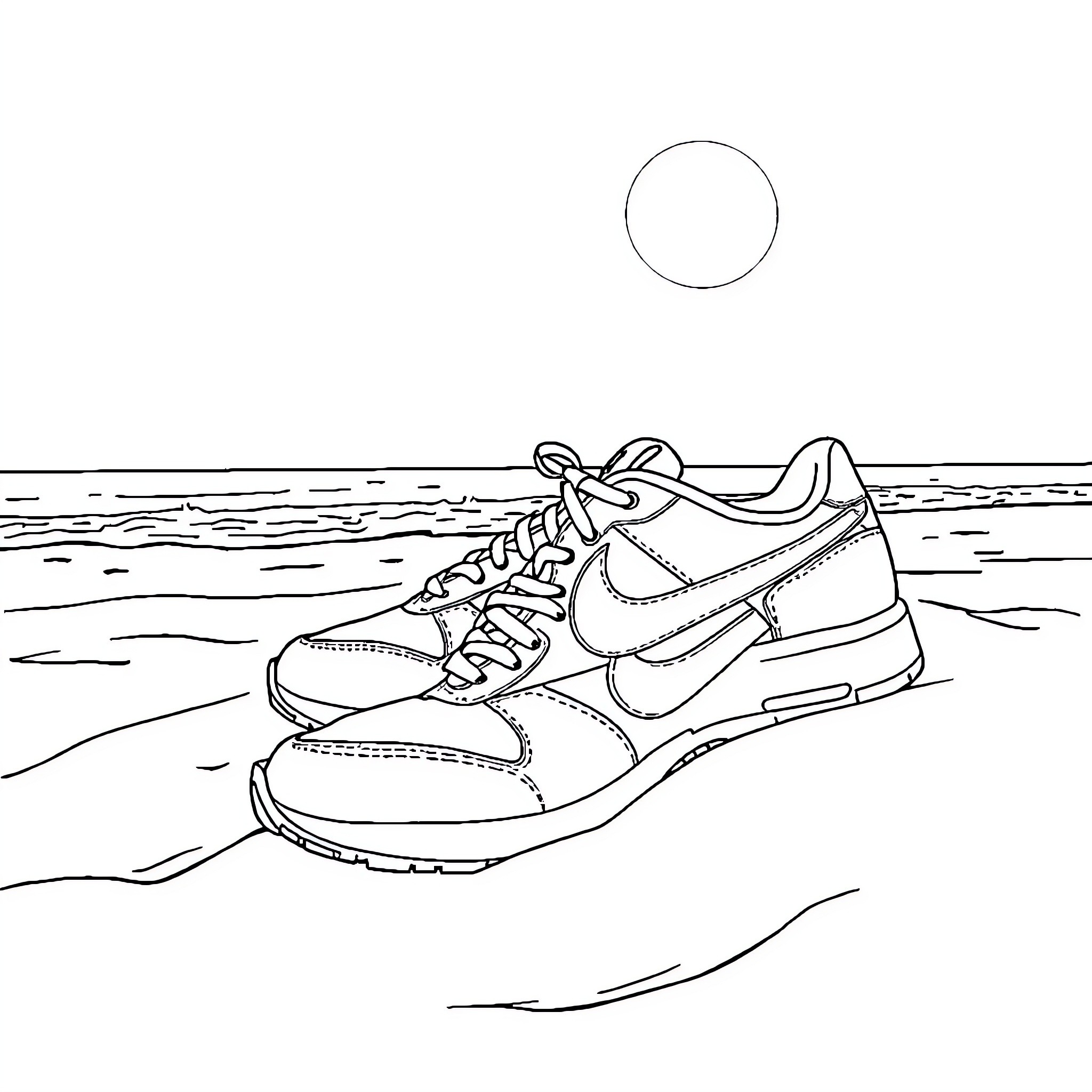 Sneaker on the beach with a sunset Coloring Page (free black-and-white line drawing printable PDF for all, from beginners to advanced learners, including children, teens, adults, and seniors)