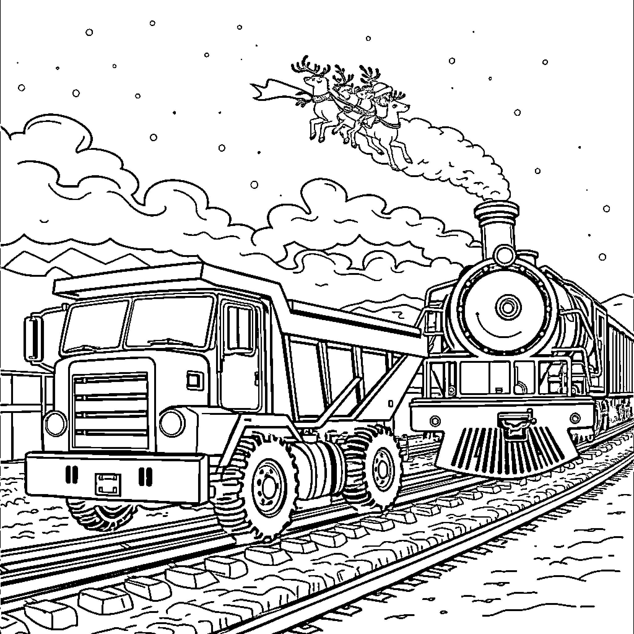 Dump Truck Hauling Cargo on Snowy Railway Tracks Coloring Page (free black-and-white line drawing printable PDF for all, from beginners to advanced learners, including children, teens, adults, and seniors)