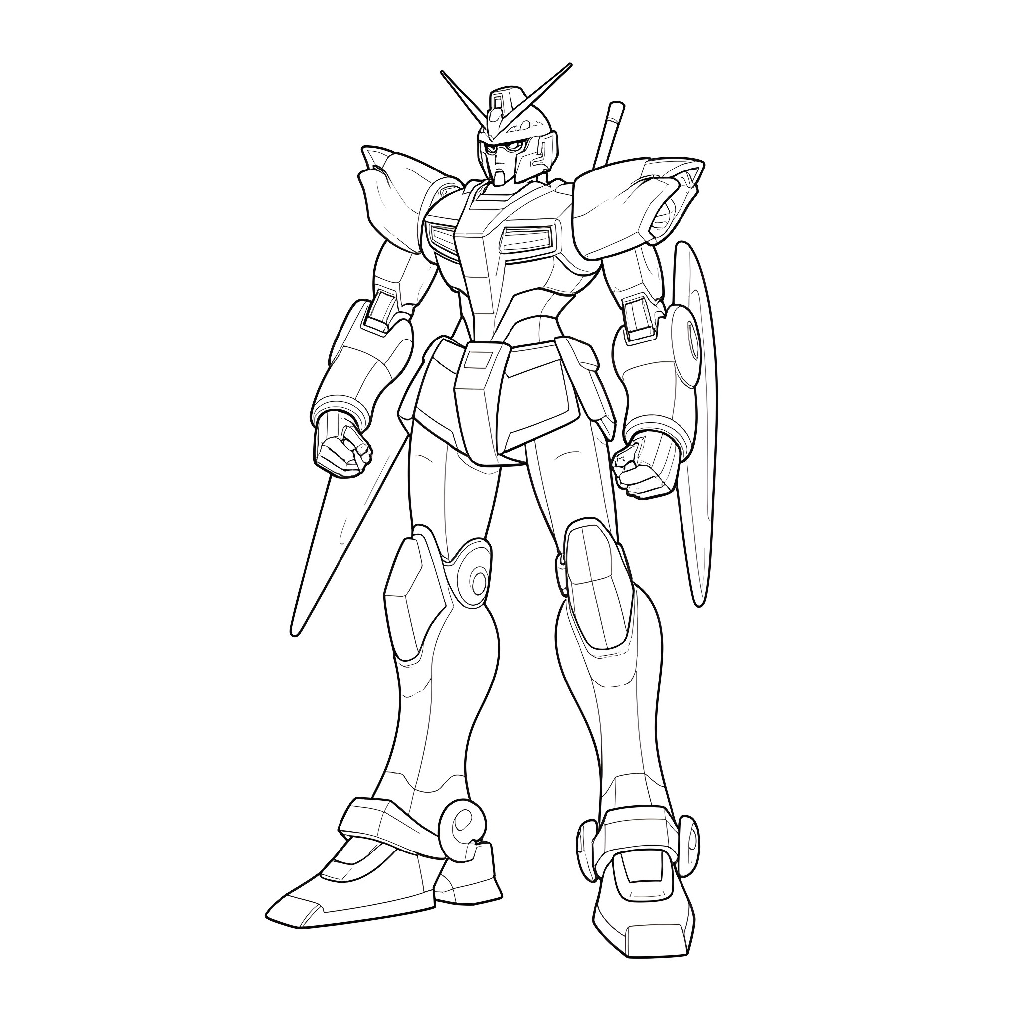 Gundam mech with imposing pose and distinctive design Coloring Page (free black-and-white line drawing printable PDF for all, from beginners to advanced learners, including children, teens, adults, and seniors)