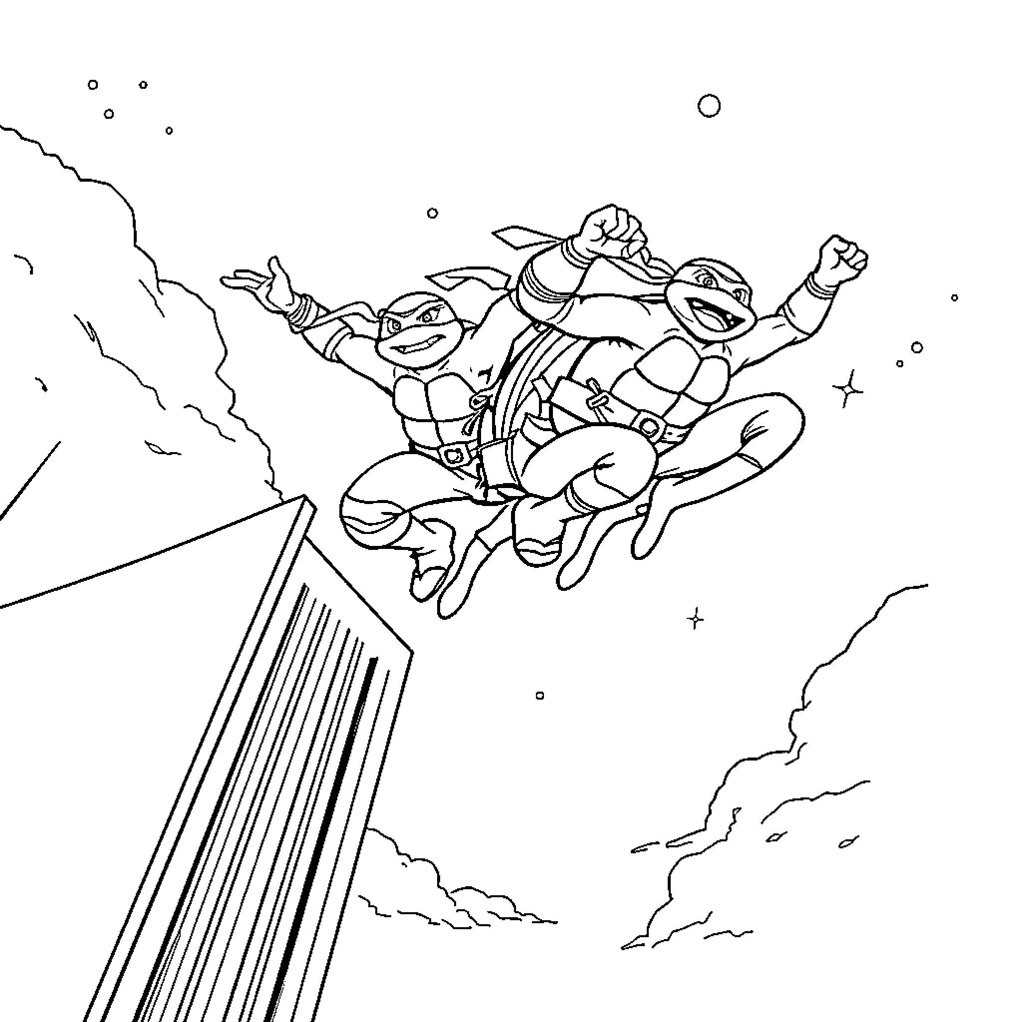 Ninja Turtles soaring through the air on an adventure Coloring Page (free black-and-white line drawing printable PDF for all, from beginners to advanced learners, including children, teens, adults, and seniors)