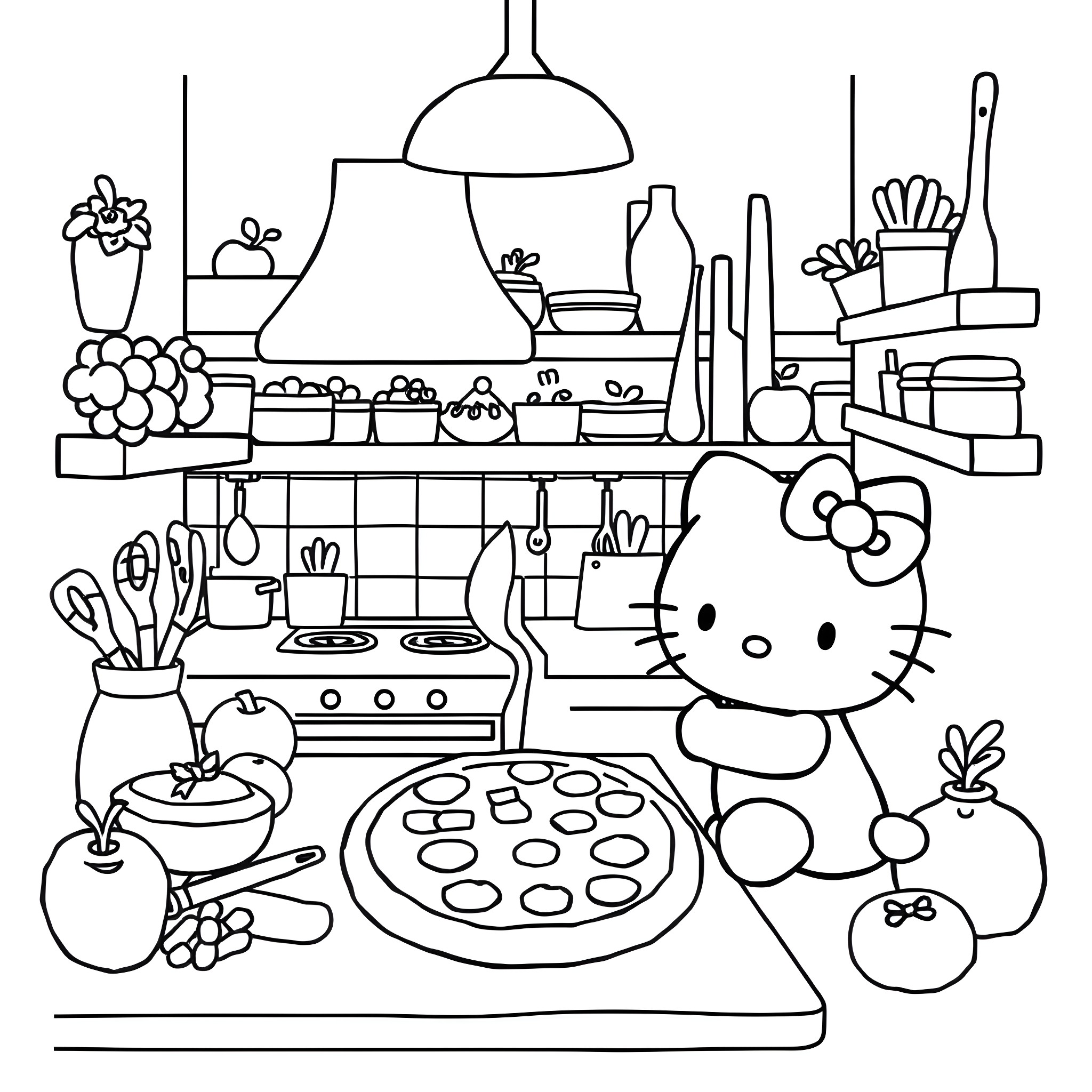 Hello Kitty cooking in the kitchen Coloring Page (free black-and-white line drawing printable PDF for all, from beginners to advanced learners, including children, teens, adults, and seniors)