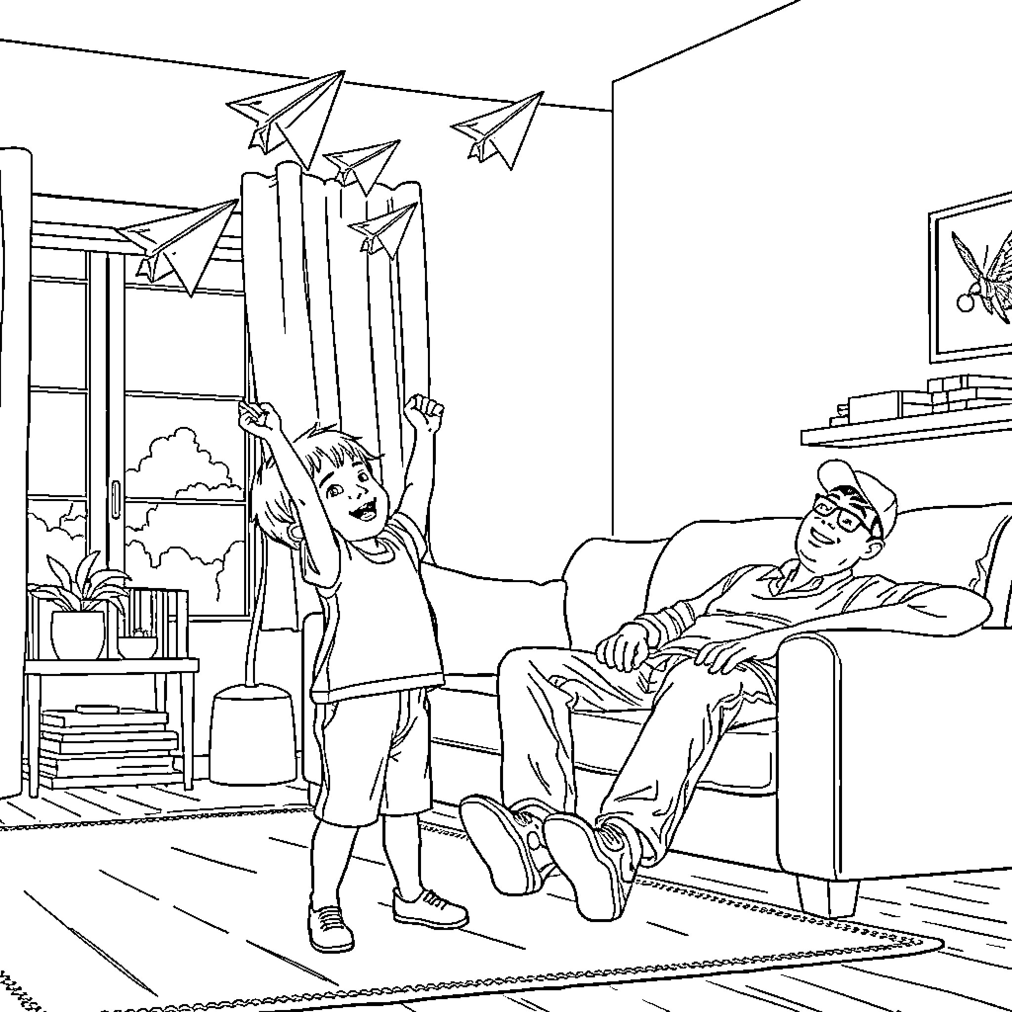 Boy Plays with Paper Planes in Living Room Coloring Page (free black-and-white line drawing printable PDF for all, from beginners to advanced learners, including children, teens, adults, and seniors)