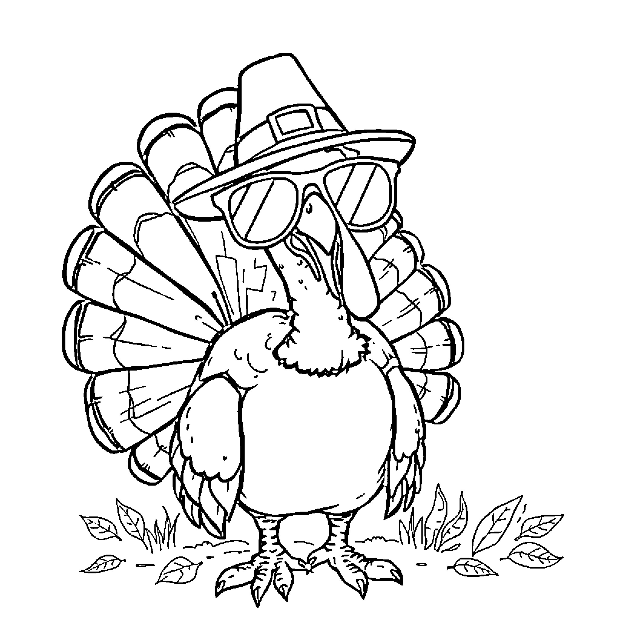 Turkey wearing pilgrim hat and glasses Coloring Page (free black-and-white line drawing printable PDF for all, from beginners to advanced learners, including children, teens, adults, and seniors)