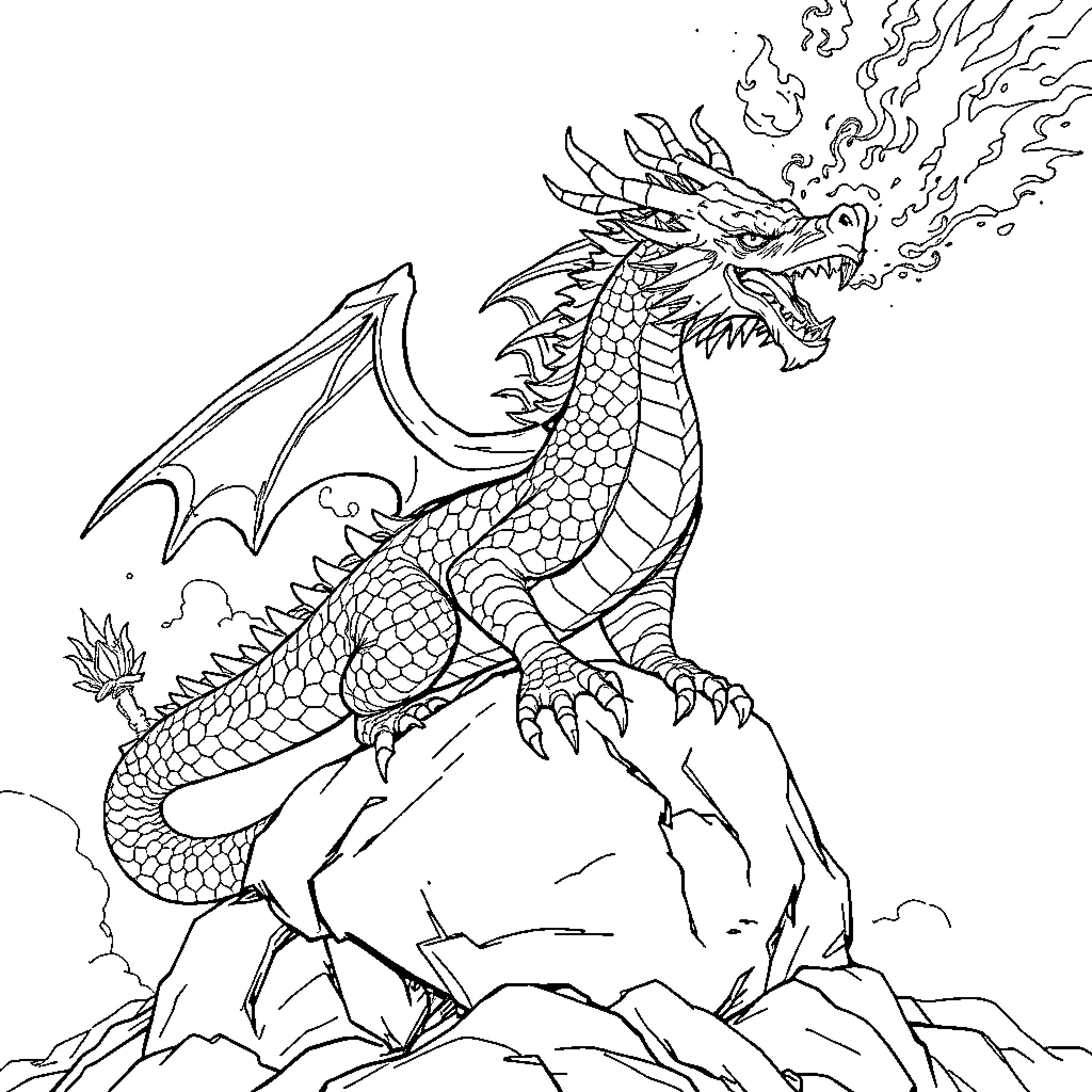 Dragon breathing fire atop a rocky mountain Coloring Page (free black-and-white line drawing printable PDF for all, from beginners to advanced learners, including children, teens, adults, and seniors)