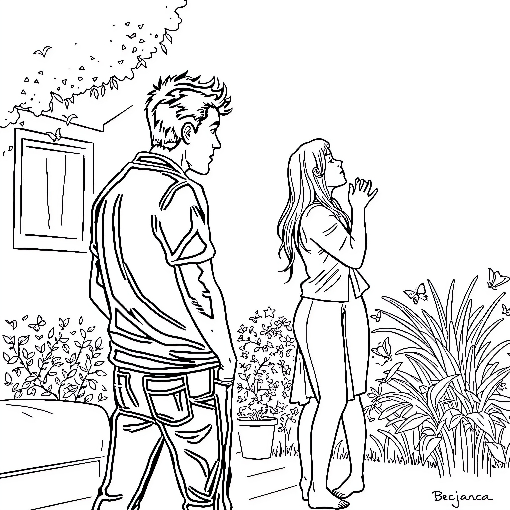 Man observing woman in garden Coloring Page (free black-and-white line drawing printable PDF for all, from beginners to advanced learners, including children, teens, adults, and seniors)