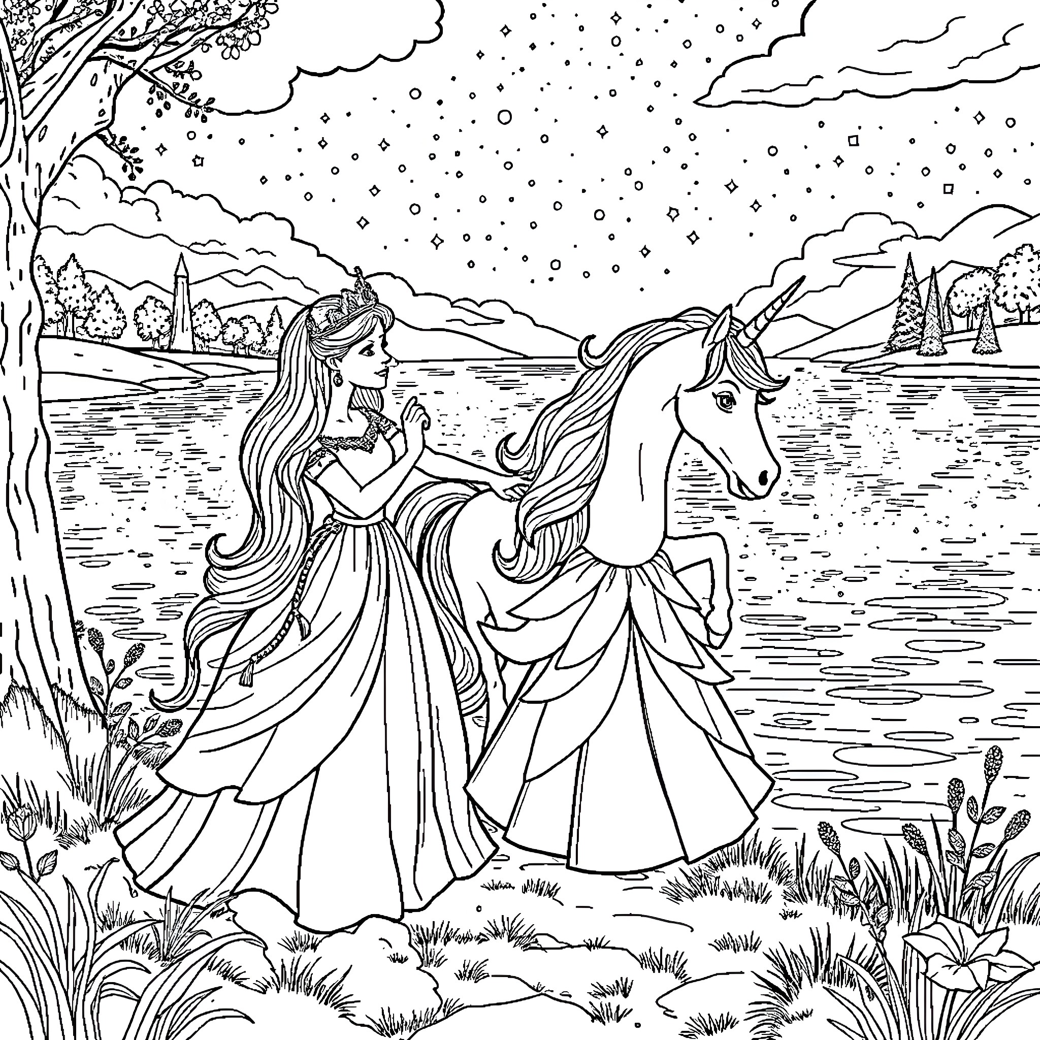 Princess with Magical Horse in Enchanted Landscape Coloring Page (free black-and-white line drawing printable PDF for all, from beginners to advanced learners, including children, teens, adults, and seniors)