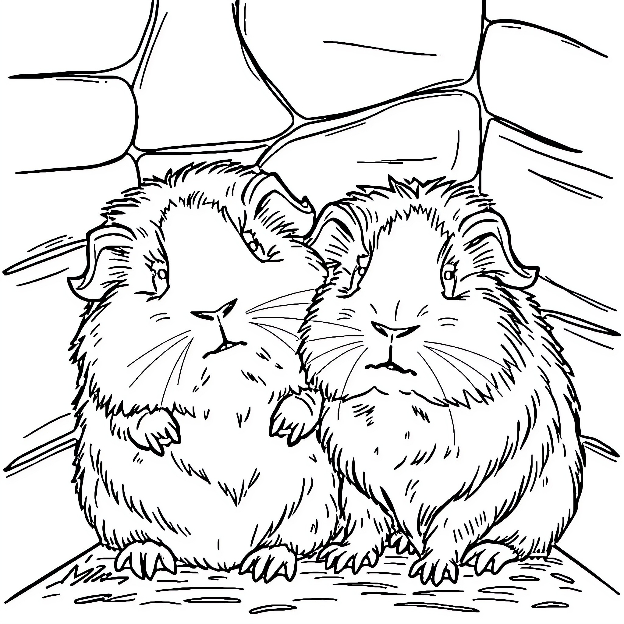 Guinea Pigs Resting in Cozy Hideaway Coloring Page (free black-and-white line drawing printable PDF for all, from beginners to advanced learners, including children, teens, adults, and seniors)