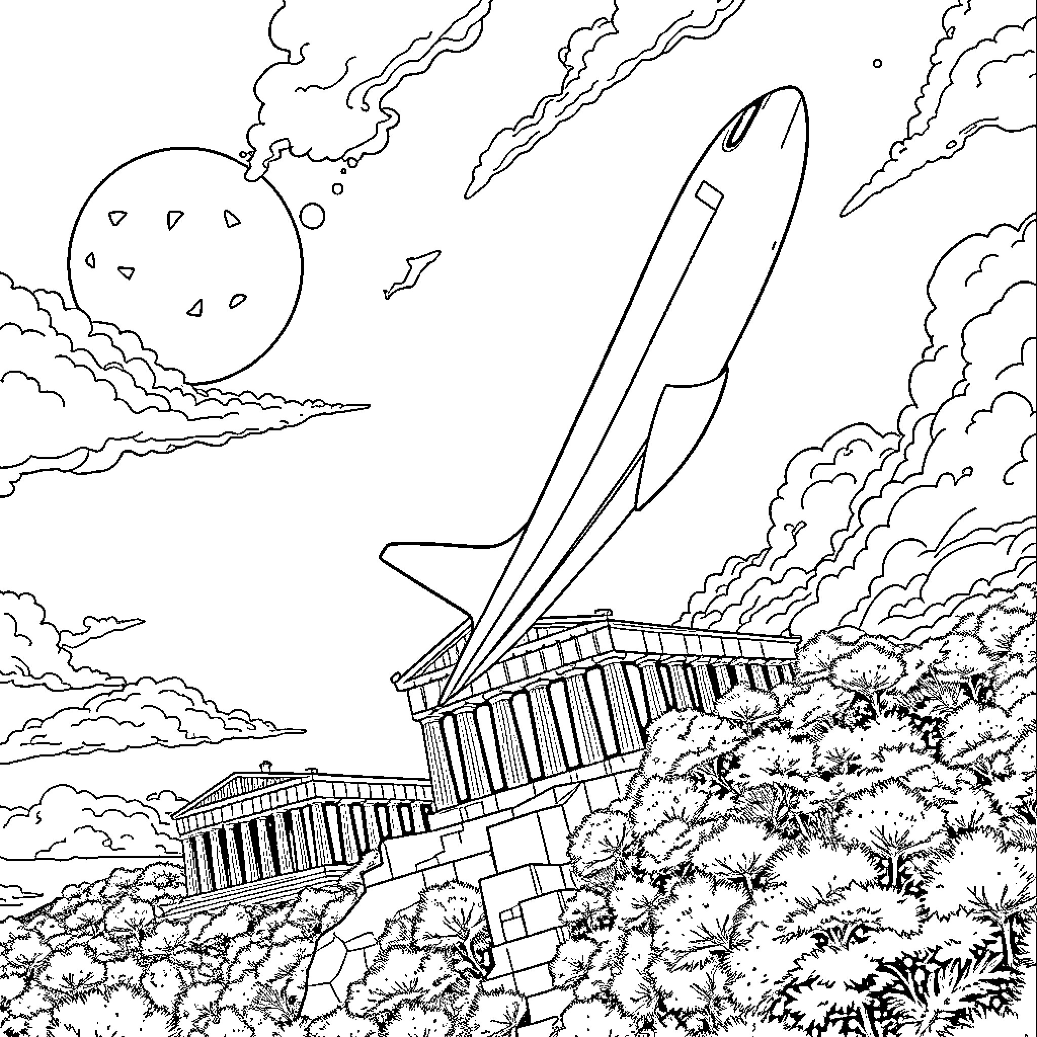 Airplane soaring through the cloudy sky Coloring Page (free black-and-white line drawing printable PDF for all, from beginners to advanced learners, including children, teens, adults, and seniors)
