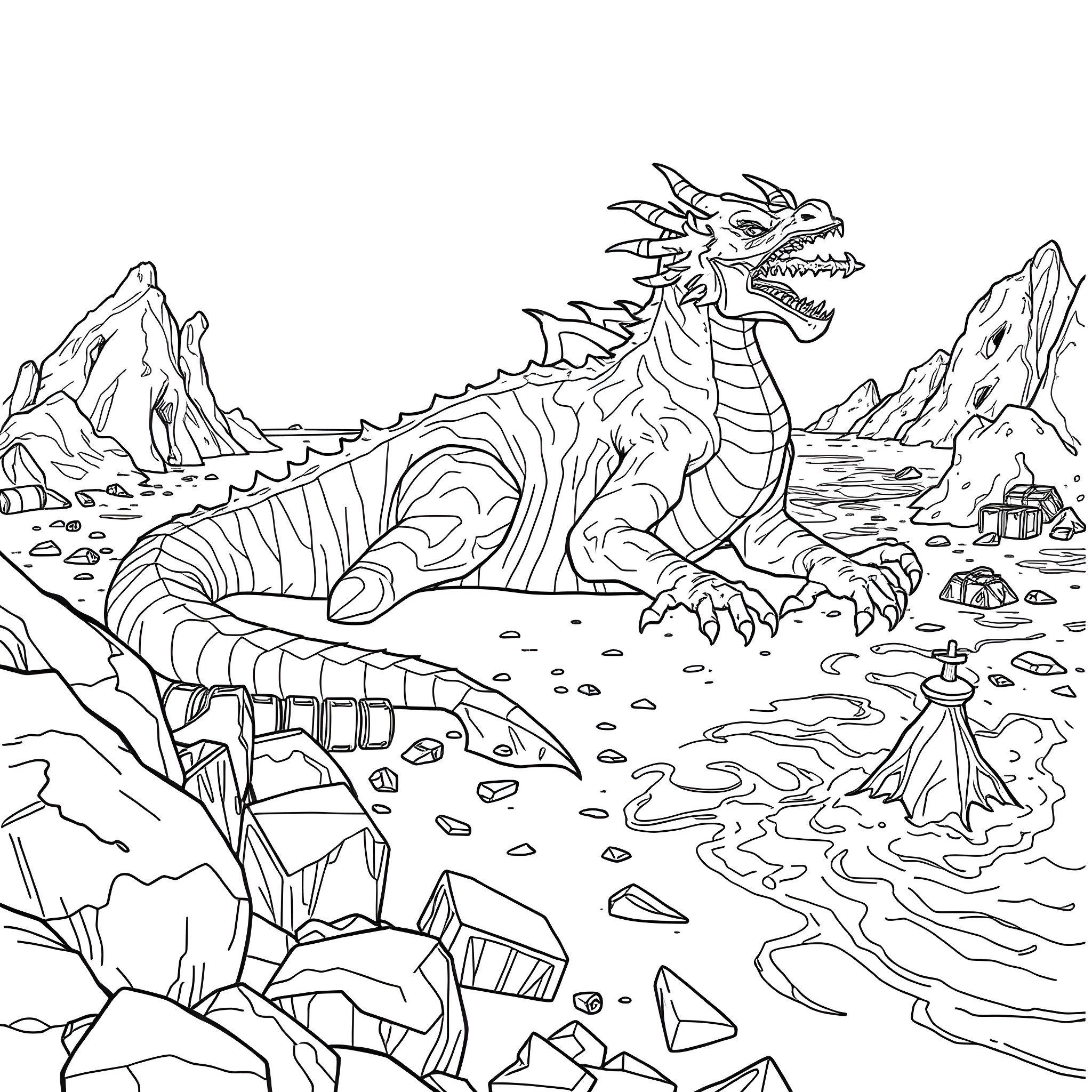 Smaug the Mighty Dragon Guarding his Treasure Hoard Coloring Page (free black-and-white line drawing printable PDF for all, from beginners to advanced learners, including children, teens, adults, and seniors)