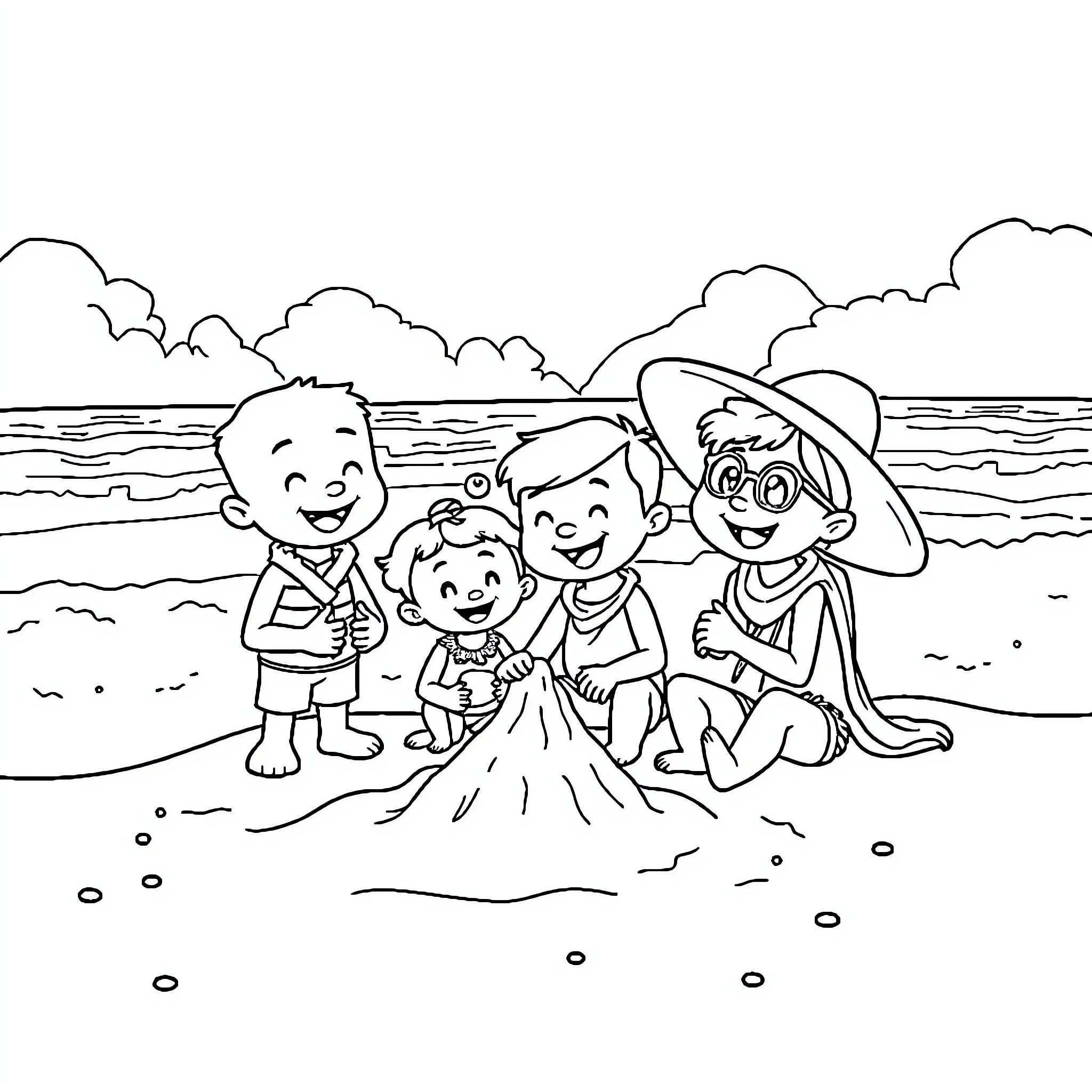 Bluey and friends enjoy a day at the beach Coloring Page (free black-and-white line drawing printable PDF for all, from beginners to advanced learners, including children, teens, adults, and seniors)