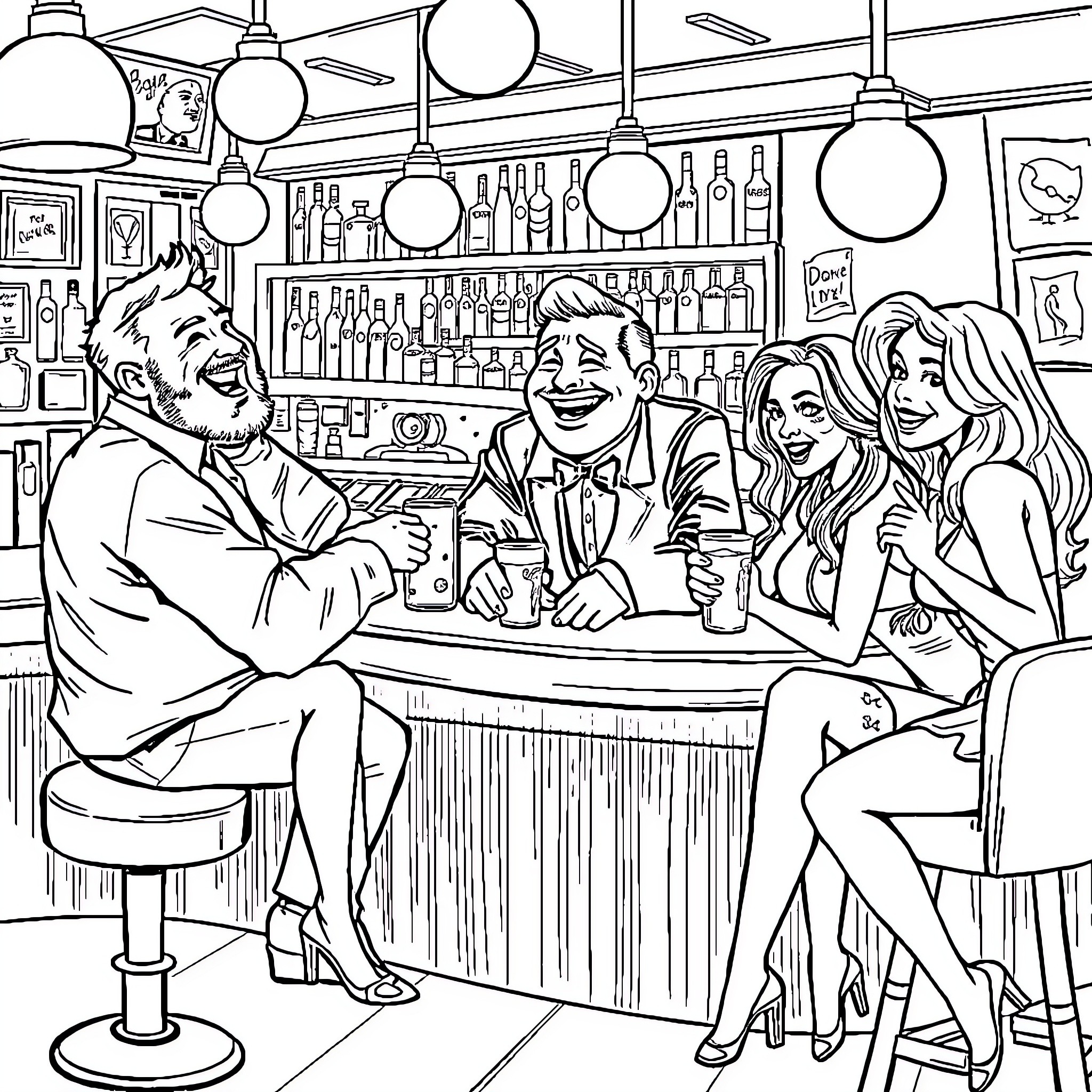 Man enjoying drinks with friends at the bar Coloring Page (free black-and-white line drawing printable PDF for all, from beginners to advanced learners, including children, teens, adults, and seniors)