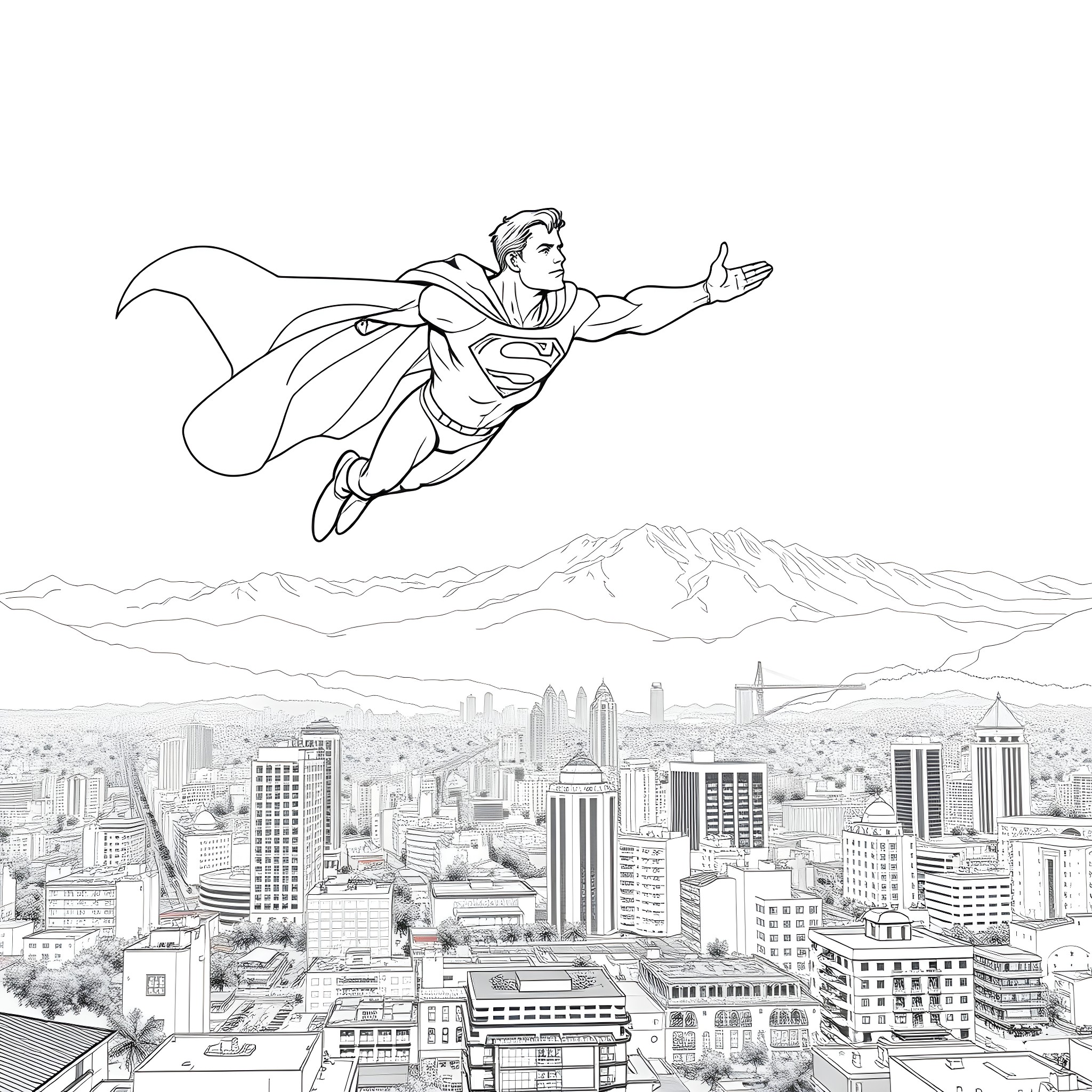 Superman soaring over the city skyline Coloring Page (free black-and-white line drawing printable PDF for all, from beginners to advanced learners, including children, teens, adults, and seniors)