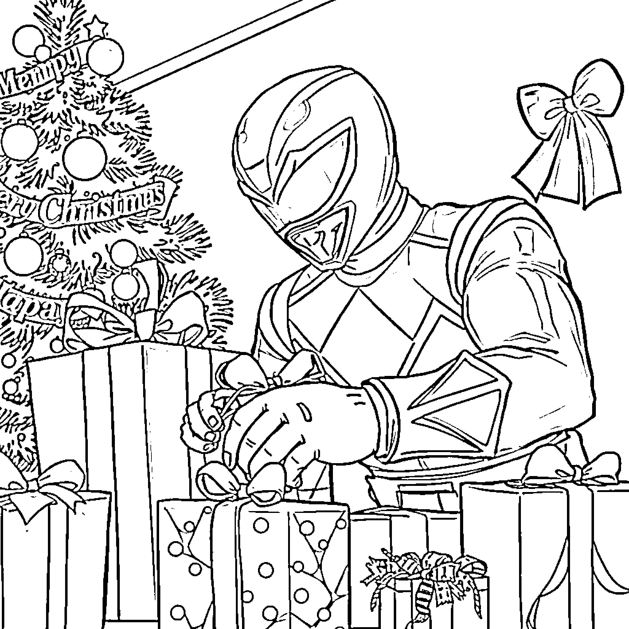 Power Ranger Saving Christmas with Gifts and Tree Coloring Page (free black-and-white line drawing printable PDF for all, from beginners to advanced learners, including children, teens, adults, and seniors)