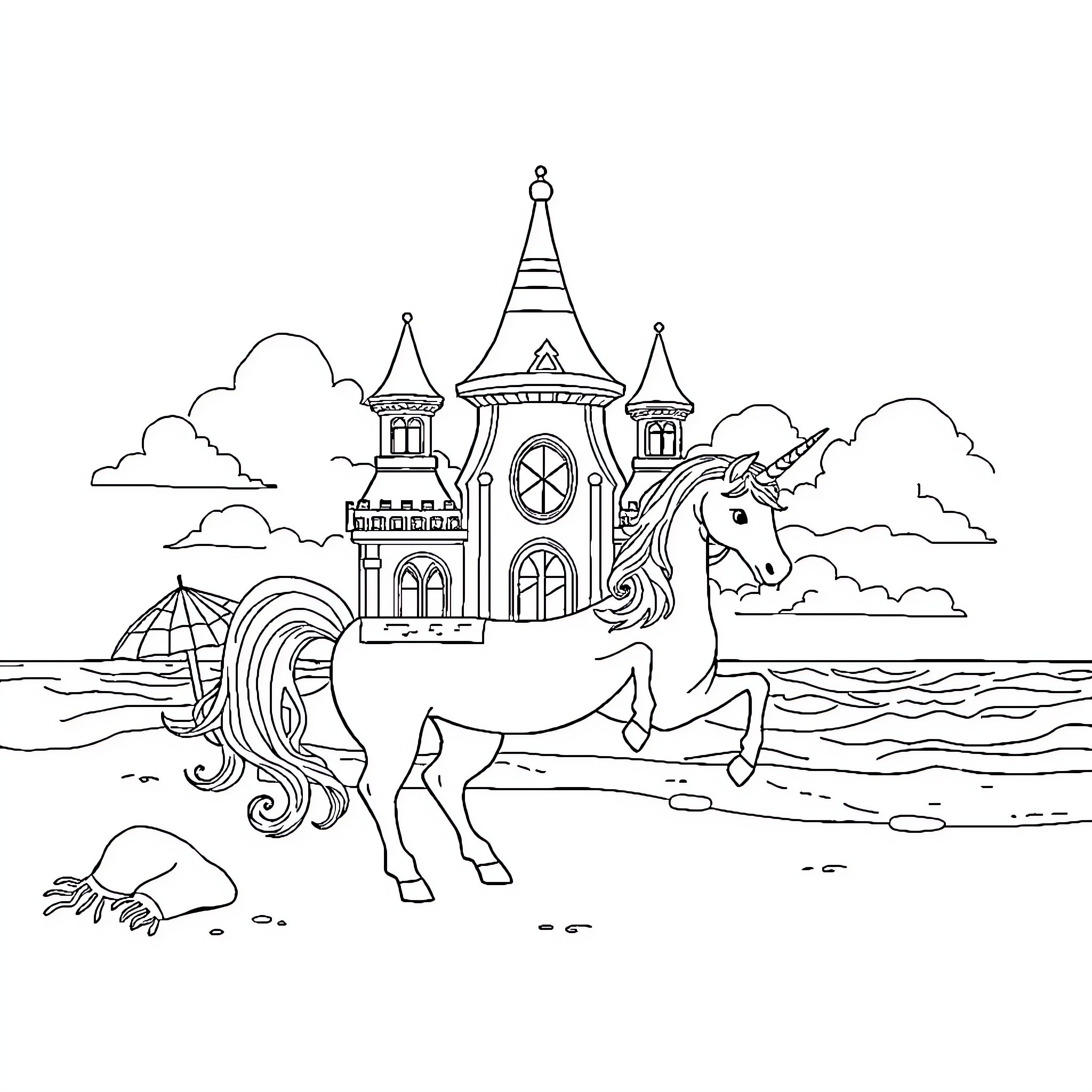 Unicorn standing majestically before a fantasy castle Coloring Page (free black-and-white line drawing printable PDF for all, from beginners to advanced learners, including children, teens, adults, and seniors)