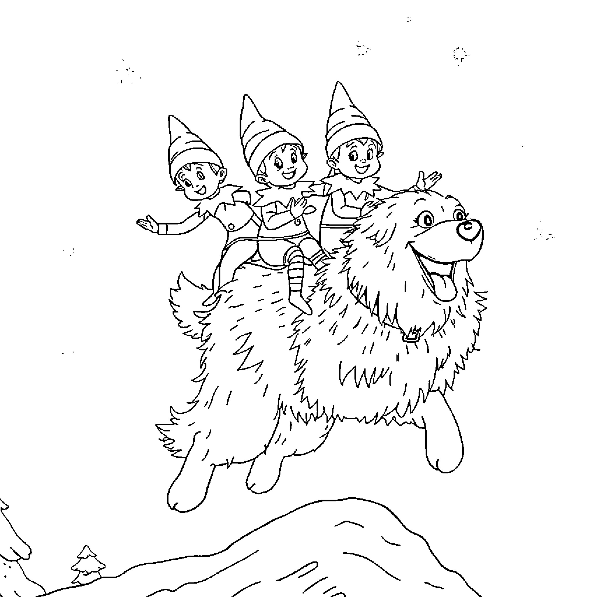 Elf friends riding a furry snow creature Coloring Page (free black-and-white line drawing printable PDF for all, from beginners to advanced learners, including children, teens, adults, and seniors)