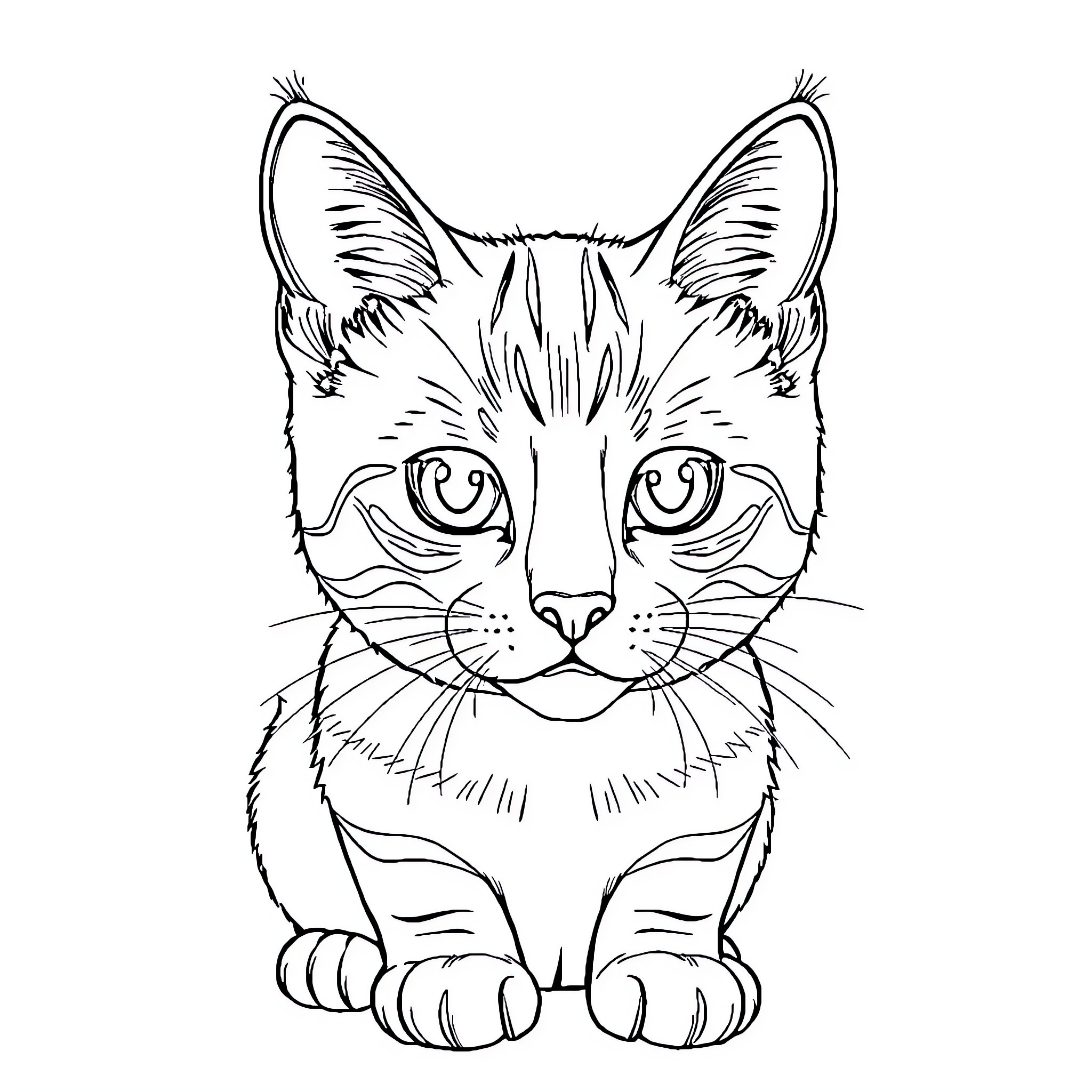Cat staring intently with curiosity Coloring Page (free black-and-white line drawing printable PDF for all, from beginners to advanced learners, including children, teens, adults, and seniors)