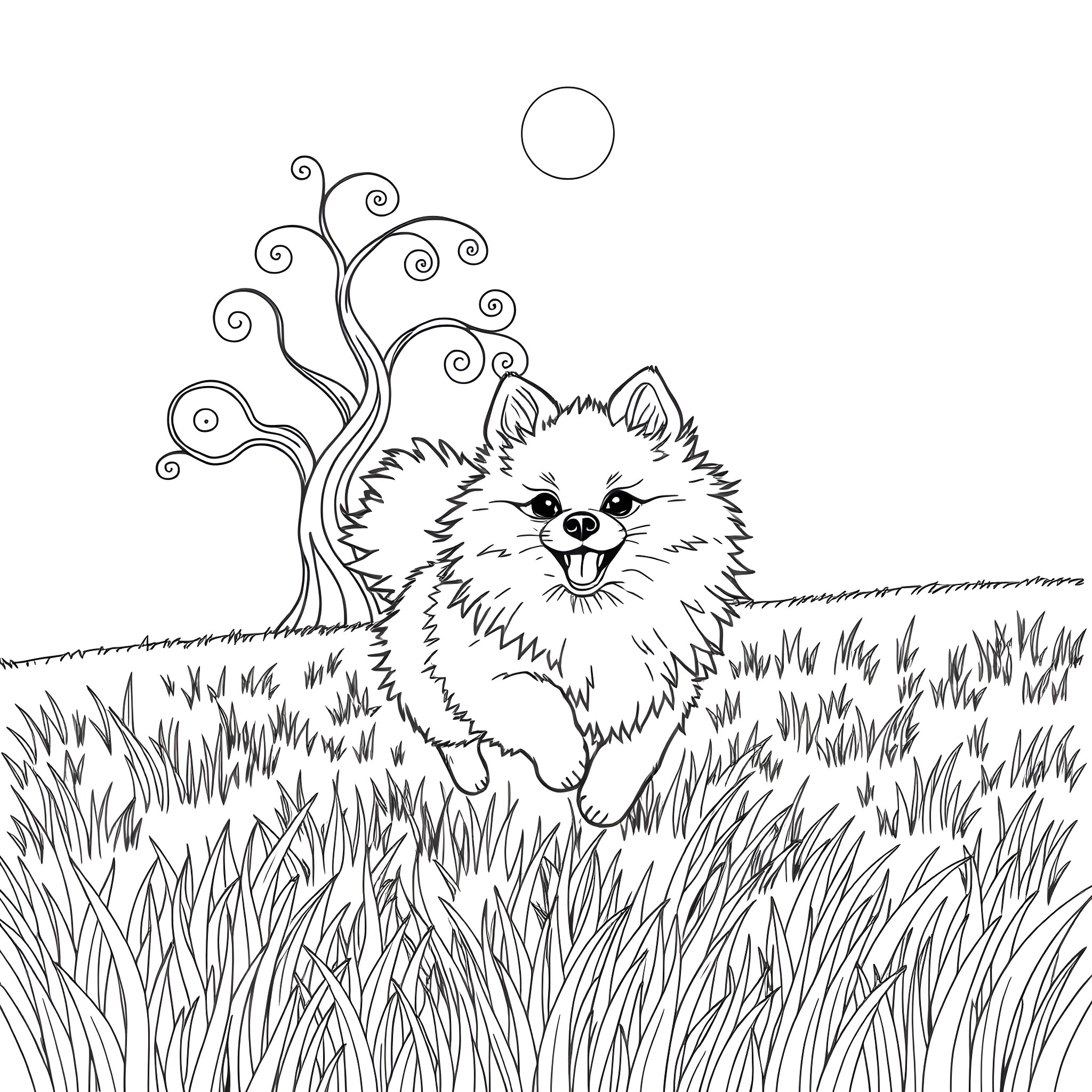 Pomeranian frolicking in the grassy field Coloring Page (free black-and-white line drawing printable PDF for all, from beginners to advanced learners, including children, teens, adults, and seniors)