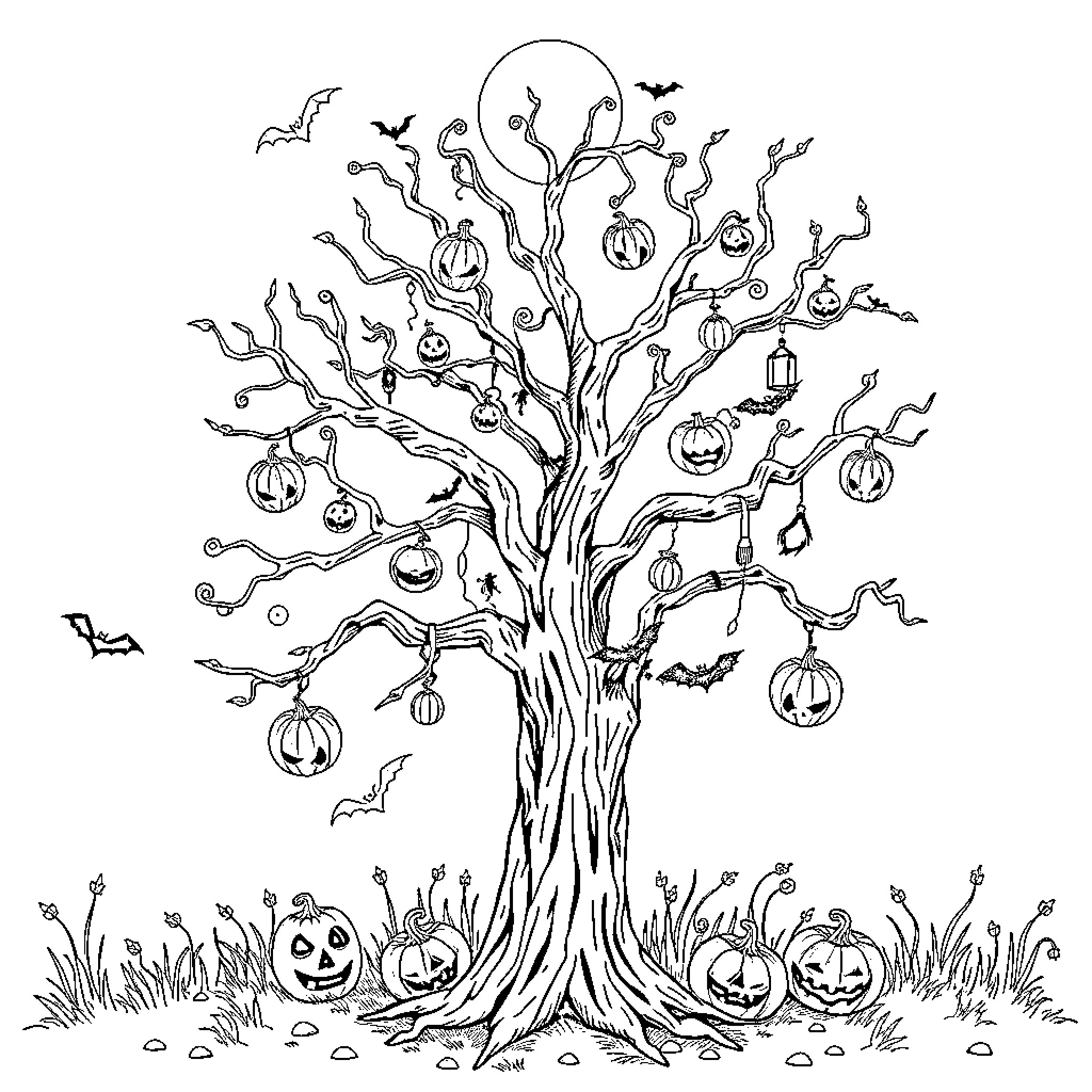 Tree of spooky Halloween decorations and wildlife Coloring Page (free black-and-white line drawing printable PDF for all, from beginners to advanced learners, including children, teens, adults, and seniors)