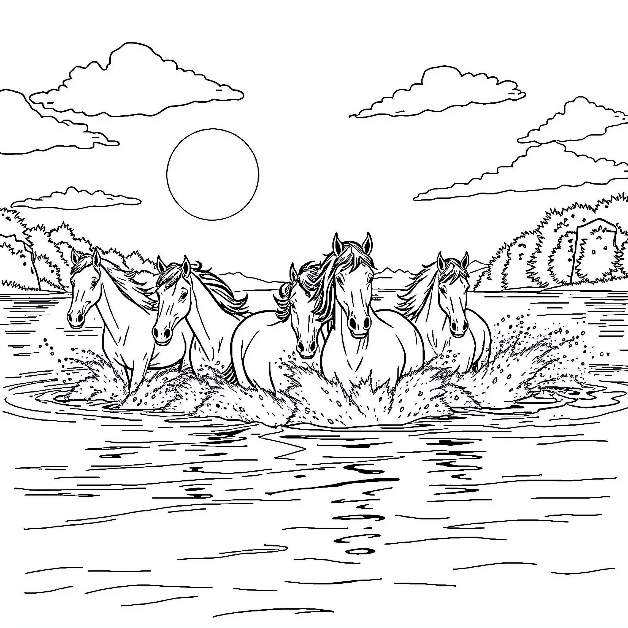 Horse herd galloping through water on a sunny day Coloring Page (free black-and-white line drawing printable PDF for all, from beginners to advanced learners, including children, teens, adults, and seniors)