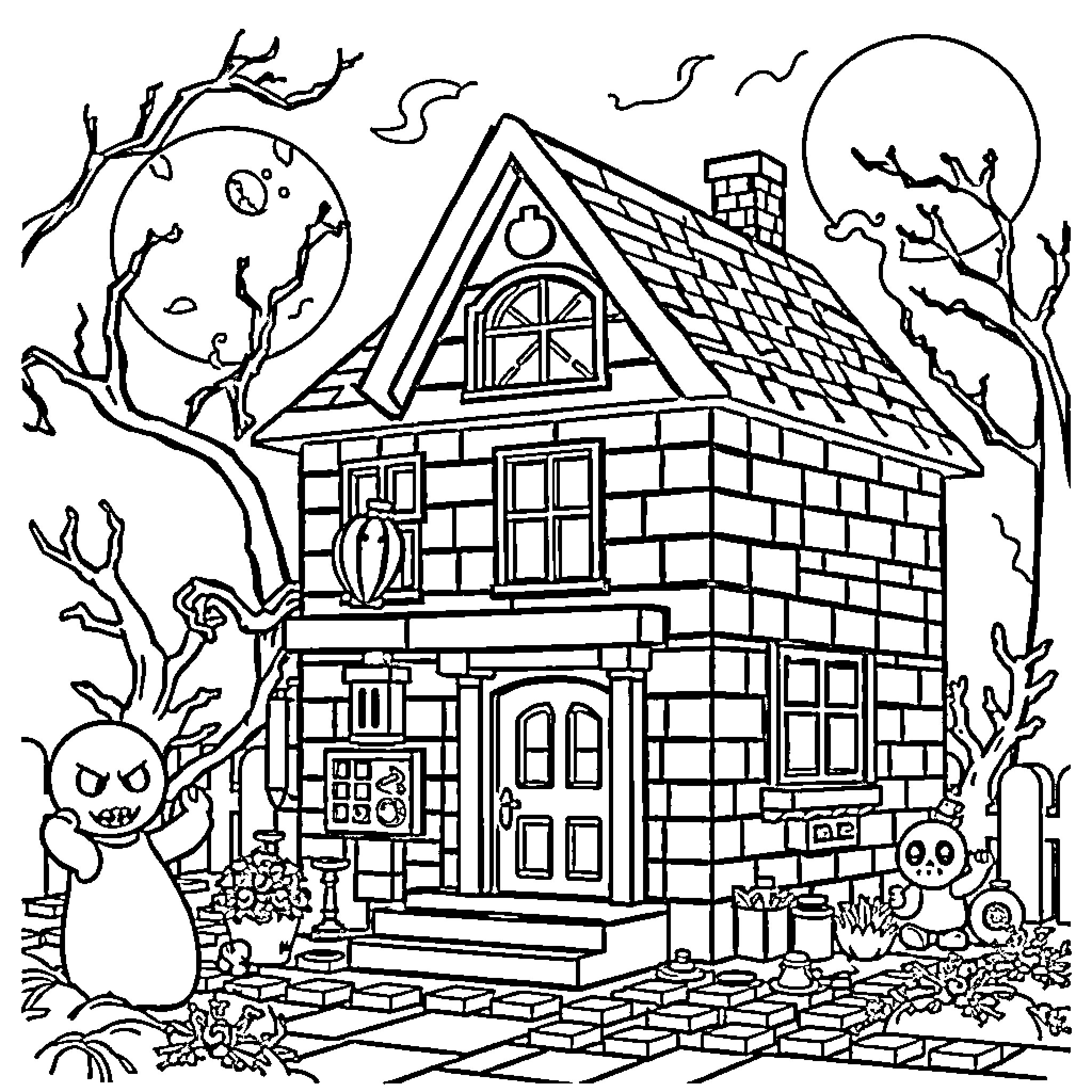 Lego Haunted House with Spooky Elements Coloring Page (free black-and-white line drawing printable PDF for all, from beginners to advanced learners, including children, teens, adults, and seniors)