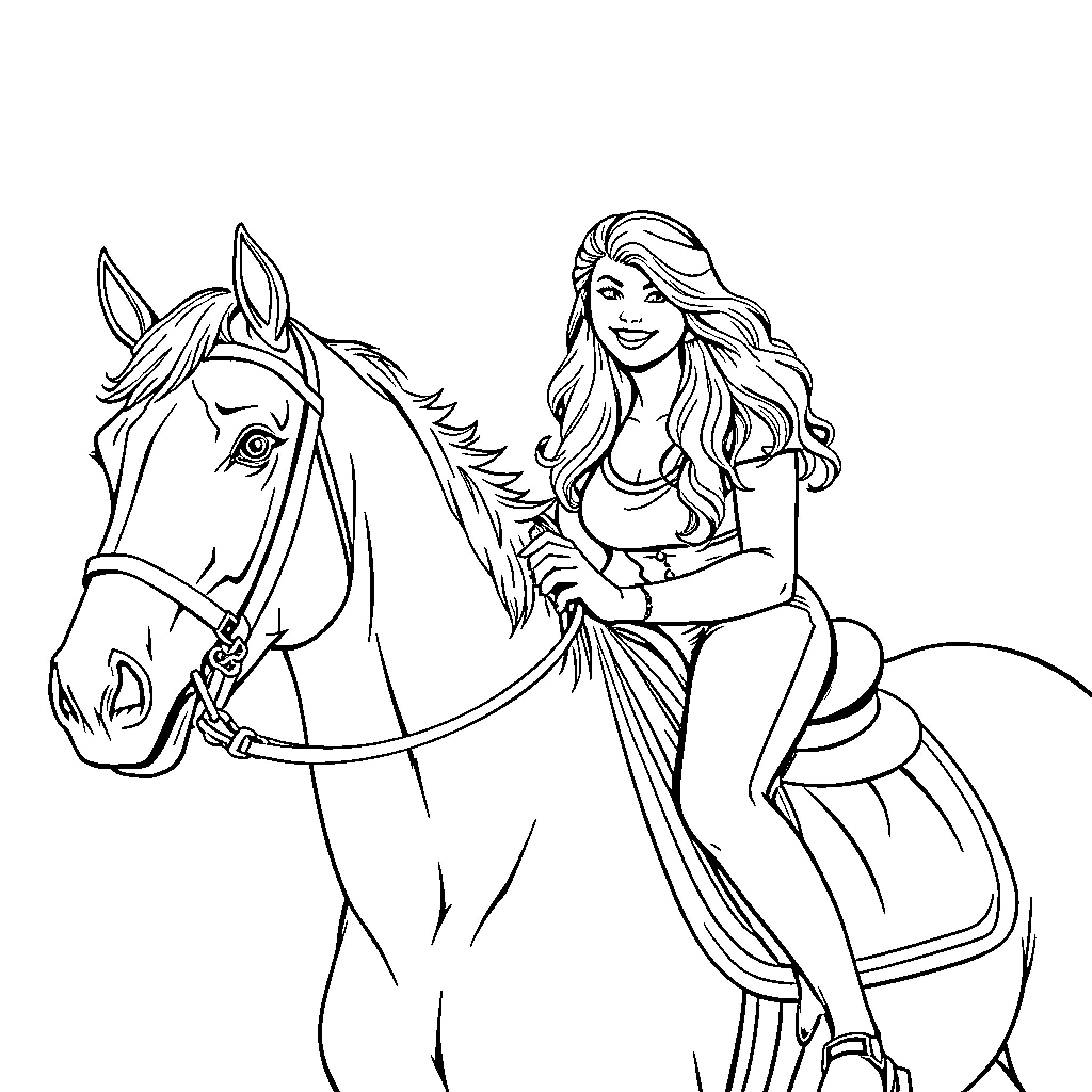 Mia Malkova riding a horse with a confident expression Coloring Page (free black-and-white line drawing printable PDF for all, from beginners to advanced learners, including children, teens, adults, and seniors)