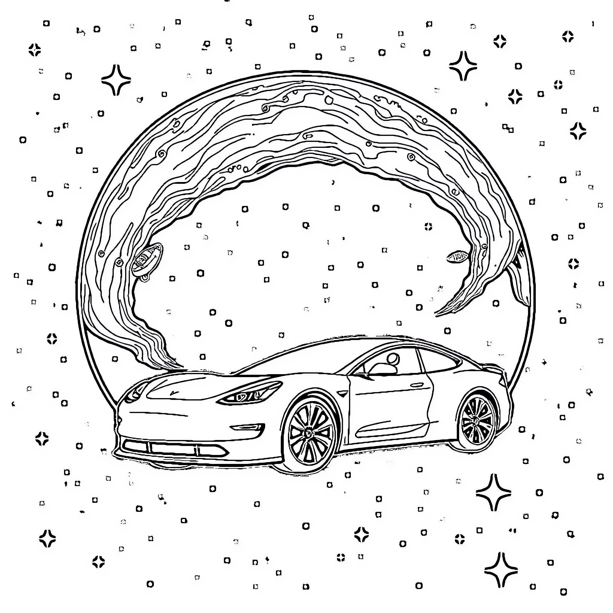 Tesla driving through a cosmic landscape Coloring Page (free black-and-white line drawing printable PDF for all, from beginners to advanced learners, including children, teens, adults, and seniors)