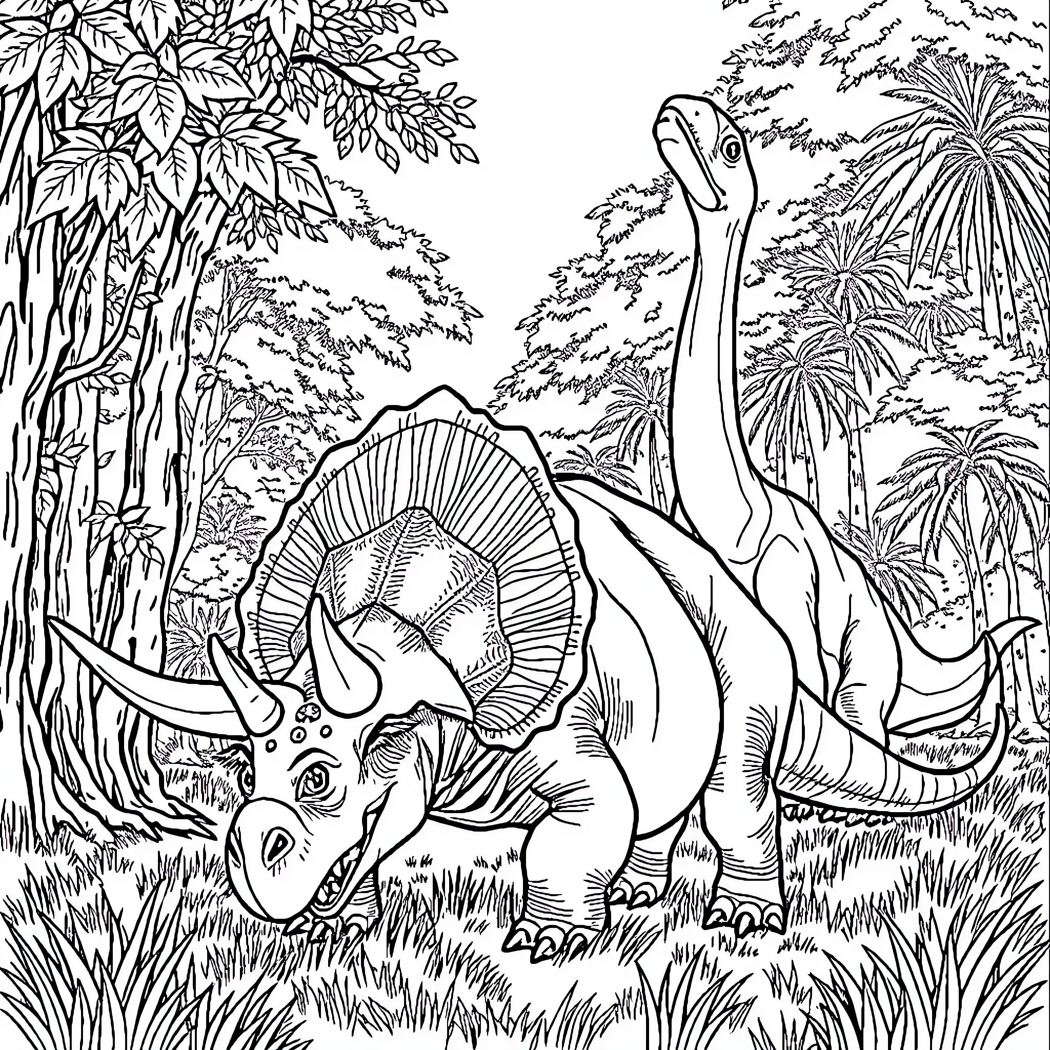Dinosaurs exploring the lush prehistoric landscape Coloring Page (free black-and-white line drawing printable PDF for all, from beginners to advanced learners, including children, teens, adults, and seniors)