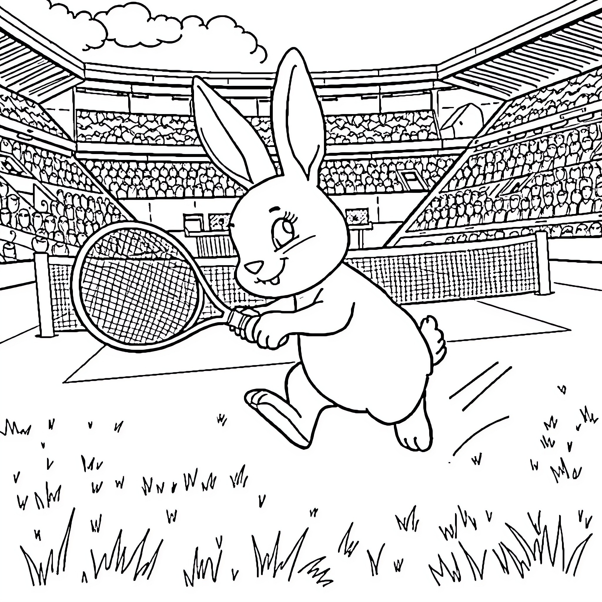 Rabbit playing tennis in a sports stadium Coloring Page (free black-and-white line drawing printable PDF for all, from beginners to advanced learners, including children, teens, adults, and seniors)