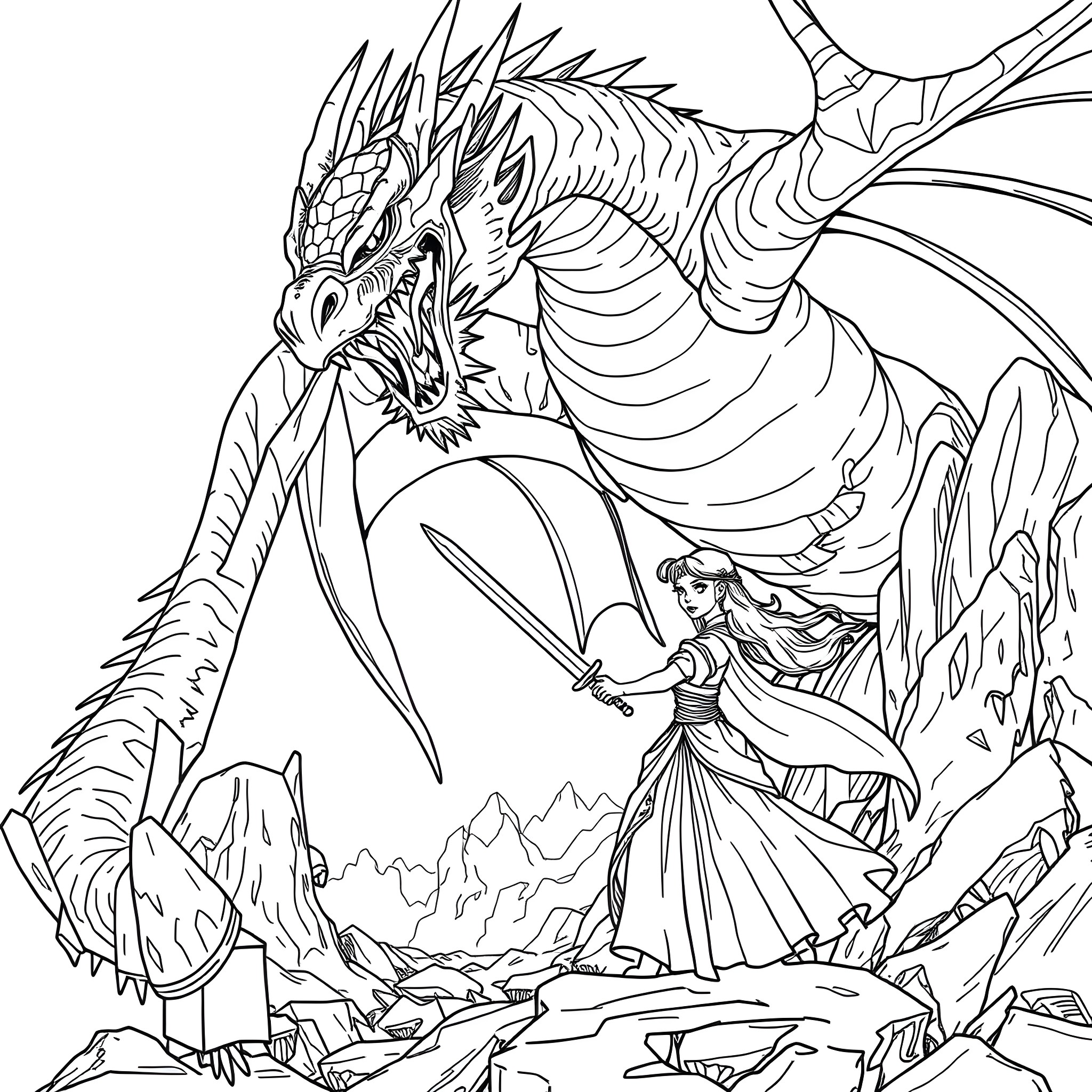 Princess fighting a fierce dragon in the mountains Coloring Page (free black-and-white line drawing printable PDF for all, from beginners to advanced learners, including children, teens, adults, and seniors)