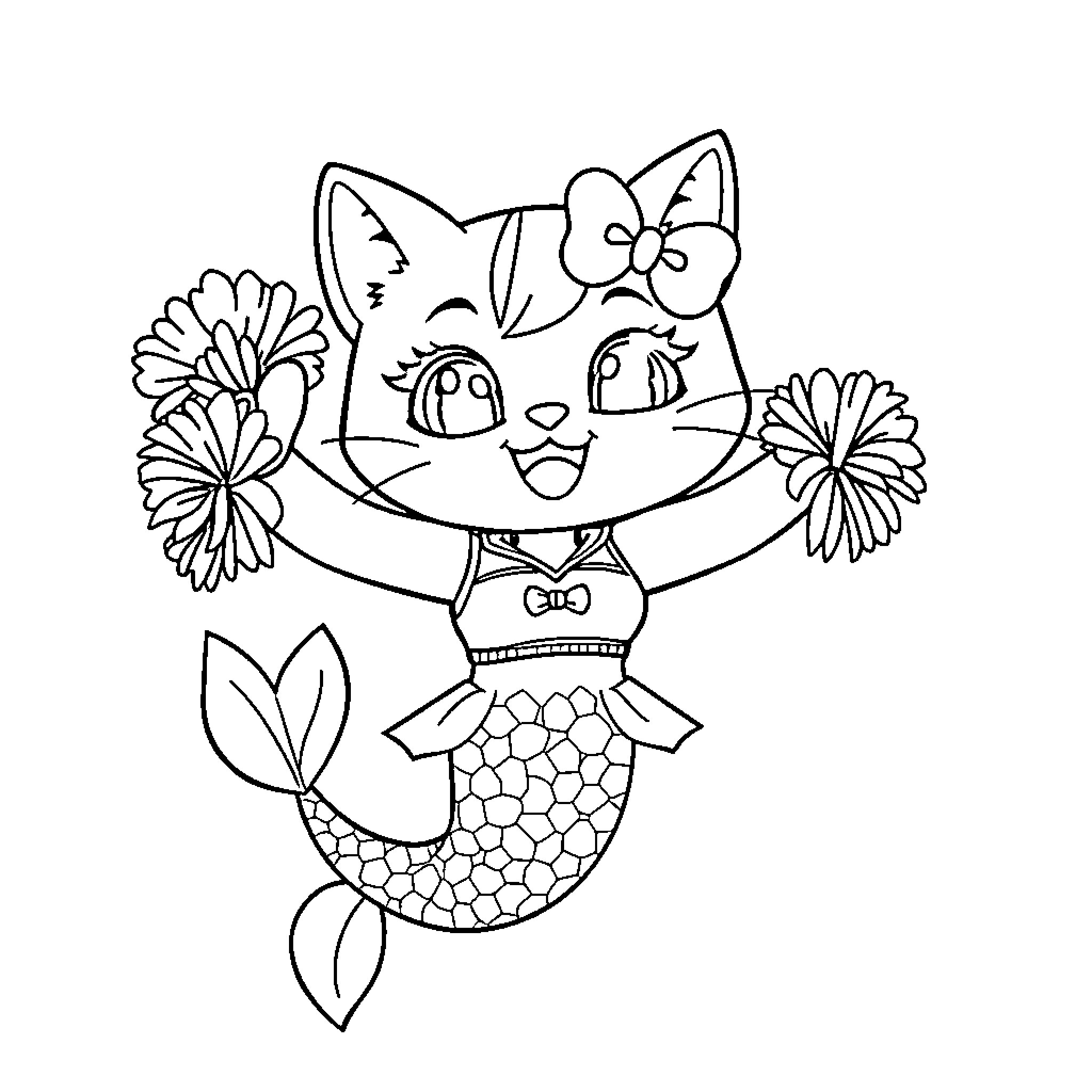 Mermaid cat with floral accessories Coloring Page (free black-and-white line drawing printable PDF for all, from beginners to advanced learners, including children, teens, adults, and seniors)