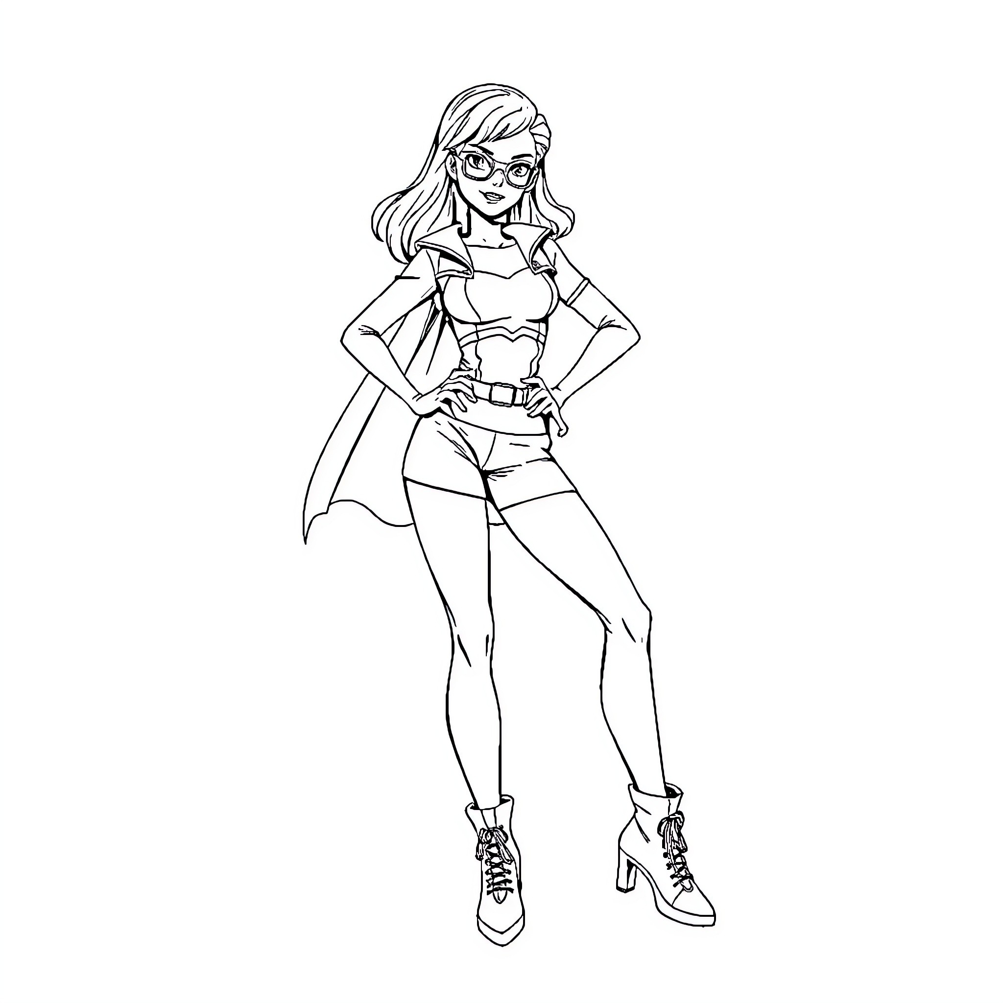Super Girl Posing Confidently in Heroic Outfit Coloring Page (free black-and-white line drawing printable PDF for all, from beginners to advanced learners, including children, teens, adults, and seniors)