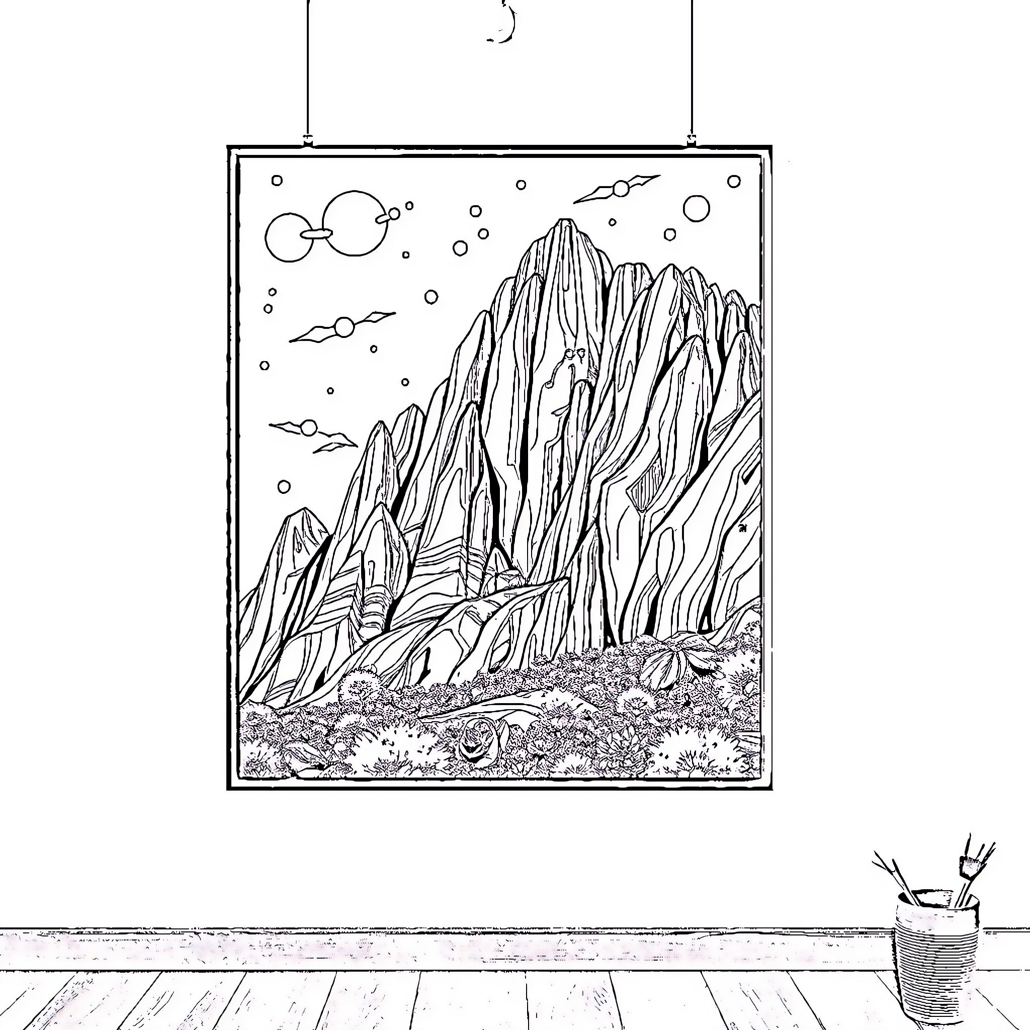 Art Depicting Majestic Mountain Landscape Coloring Page (free black-and-white line drawing printable PDF for all, from beginners to advanced learners, including children, teens, adults, and seniors)