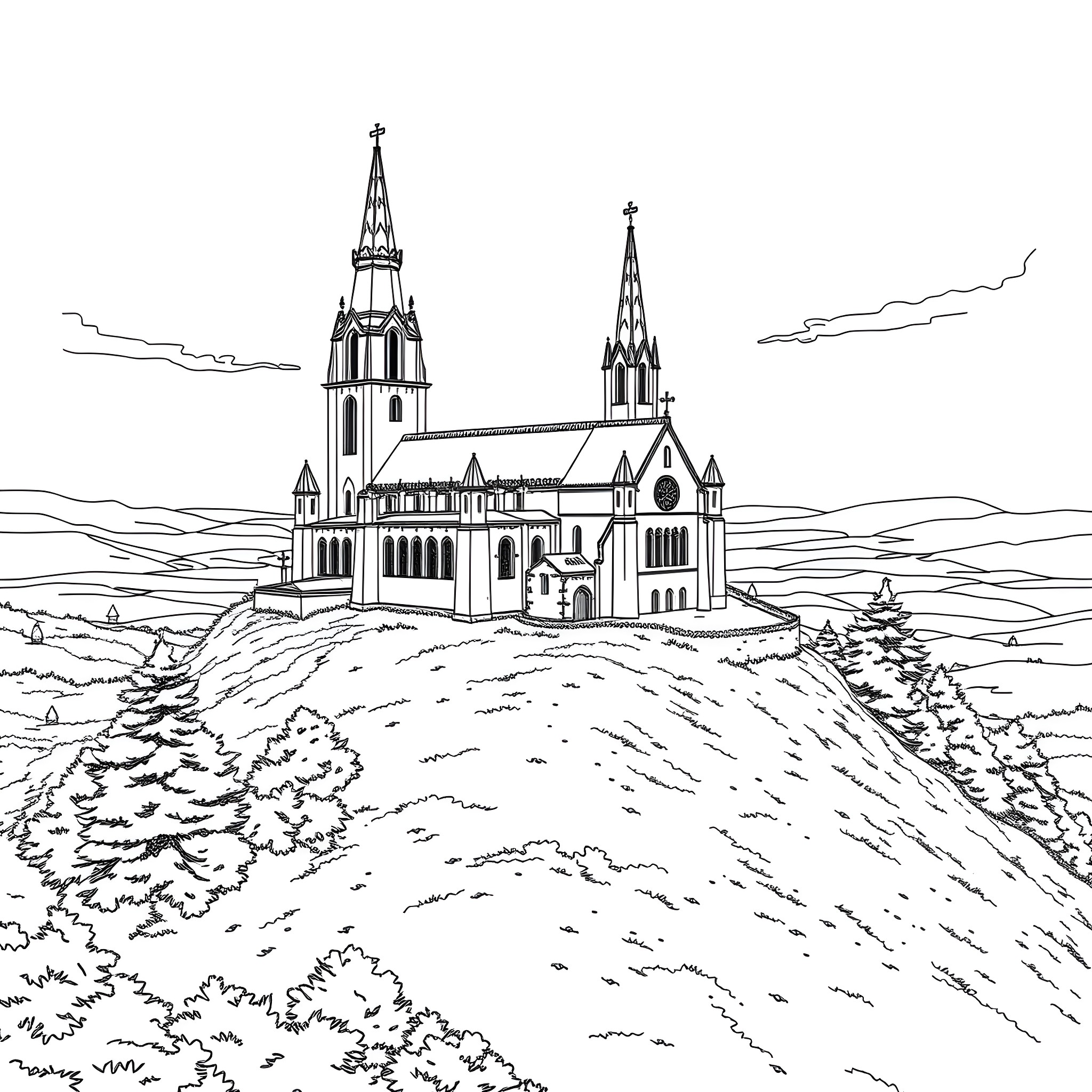 Church on a Hilltop with Spires Coloring Page (free black-and-white line drawing printable PDF for all, from beginners to advanced learners, including children, teens, adults, and seniors)